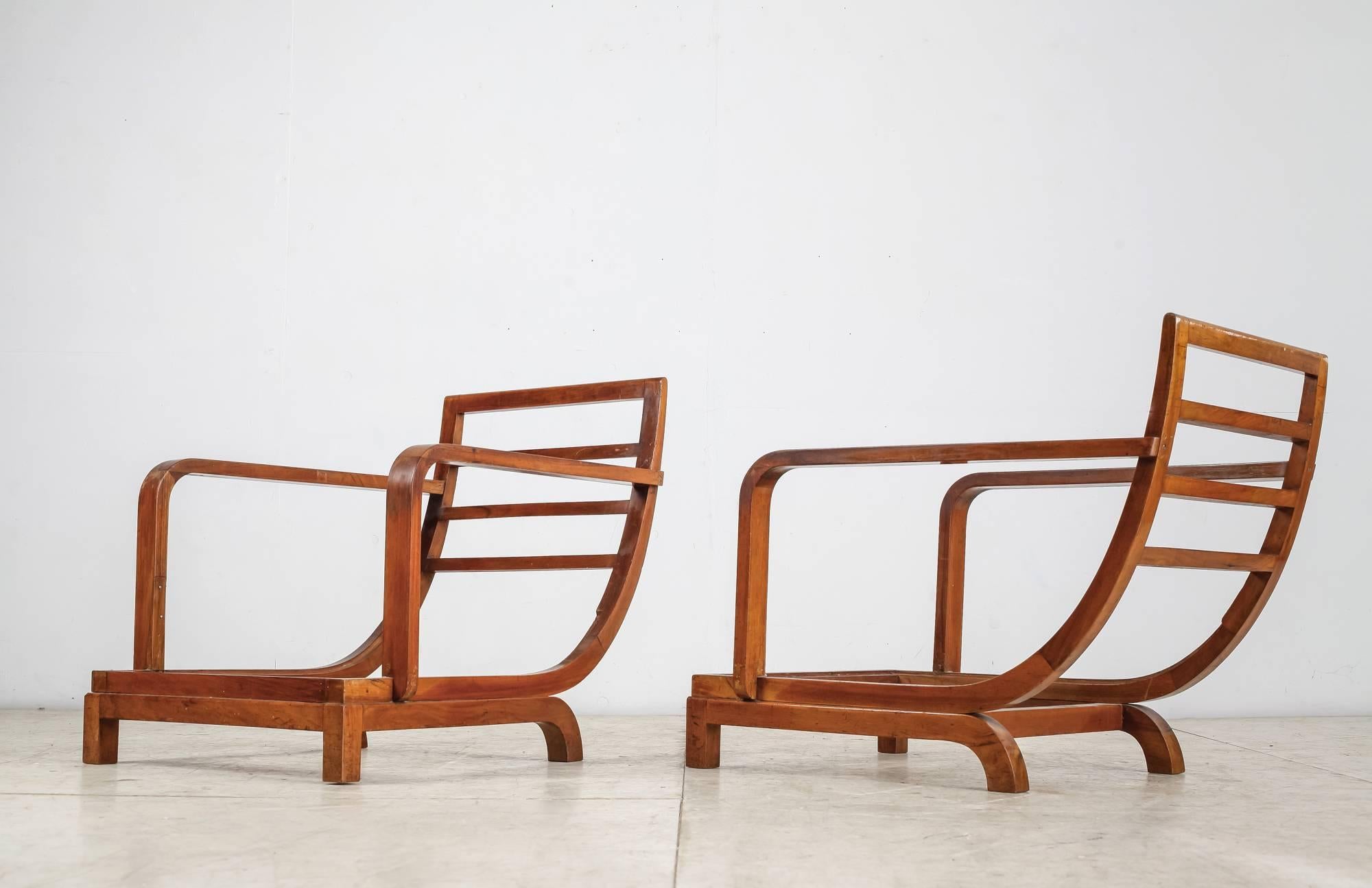 Mid-20th Century Pair of Large Art Deco Mahogany and Velour Lounge Chairs, Sweden, 1930s