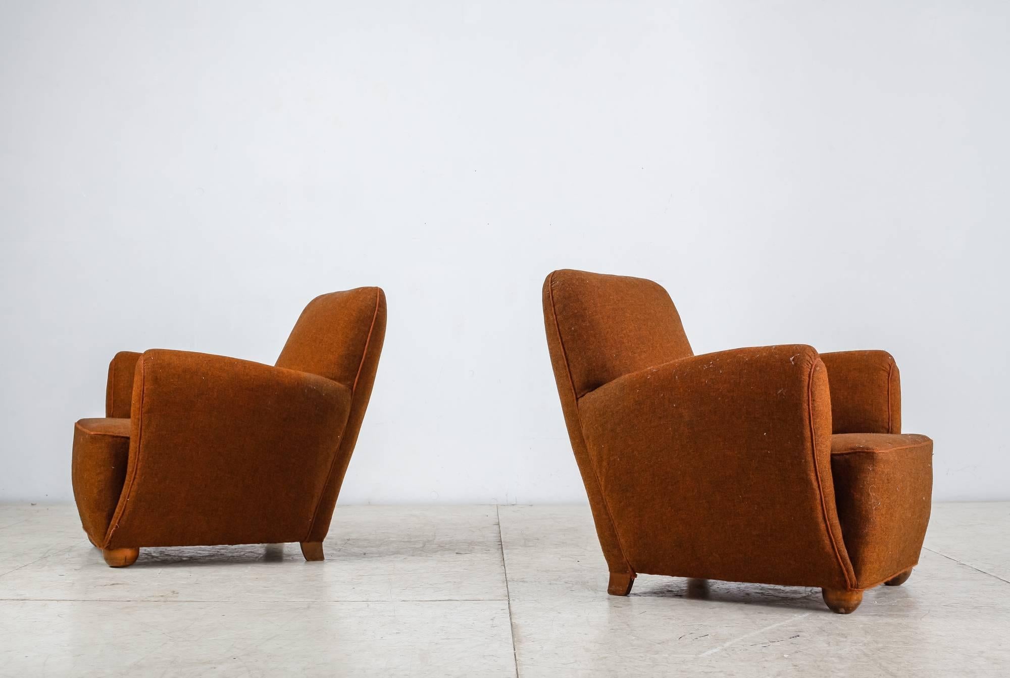 Stained Pair of Danish Lounge Chairs with Brown Upholstery, 1940s For Sale