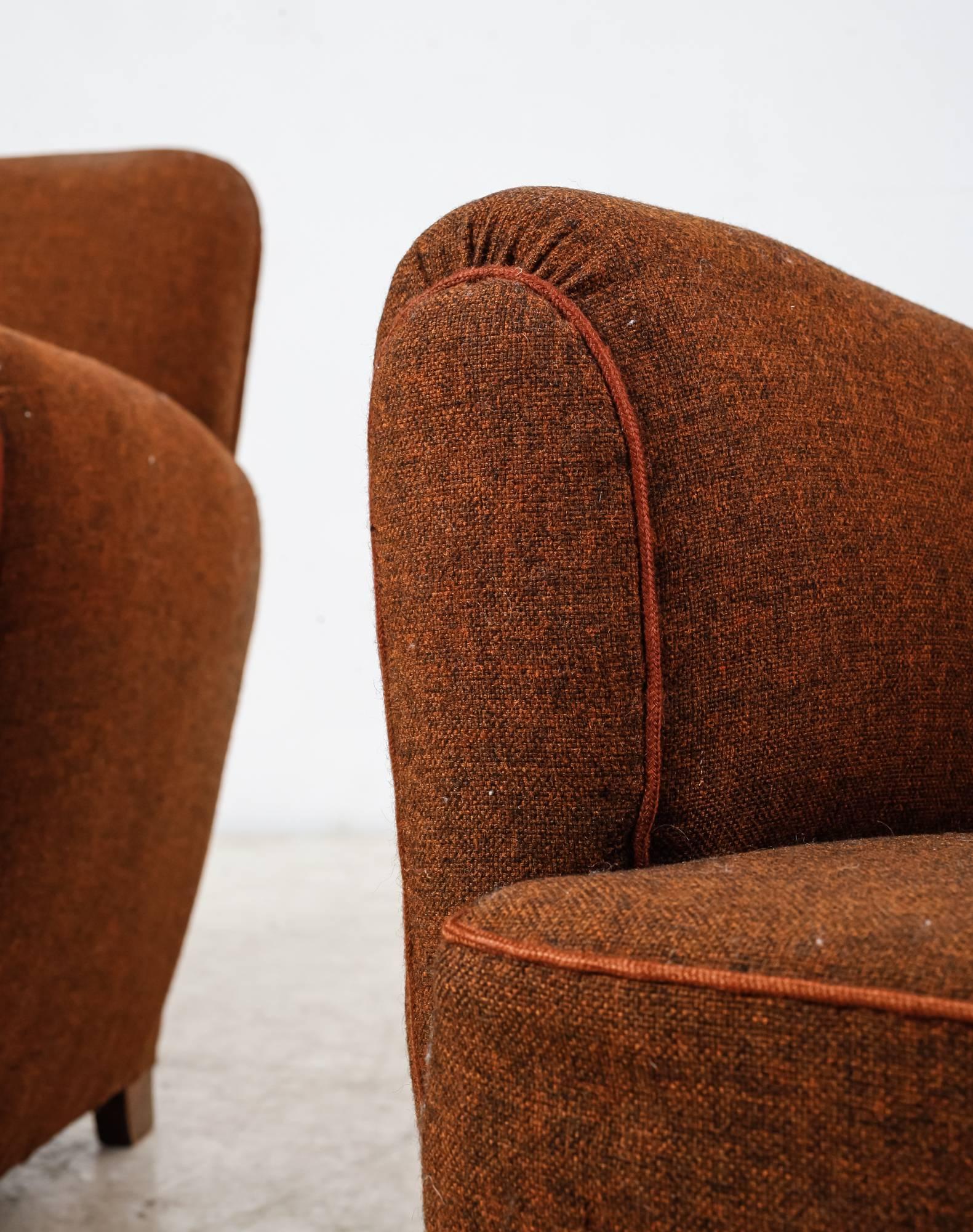 Beech Pair of Danish Lounge Chairs with Brown Upholstery, 1940s For Sale