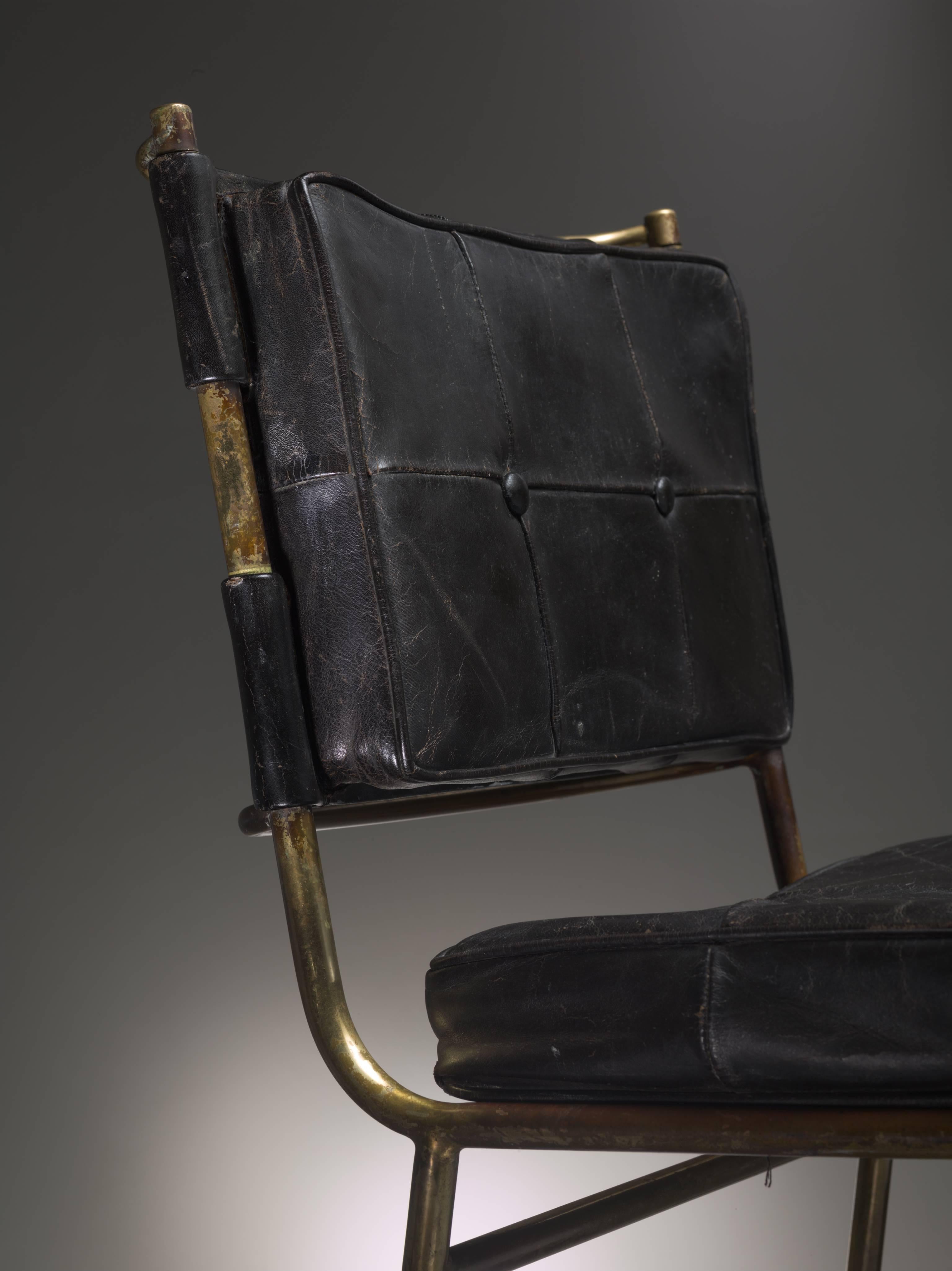 Mid-20th Century Mathieu Matégot Rare Chair with Brass Frame and Leather Cushions, France For Sale