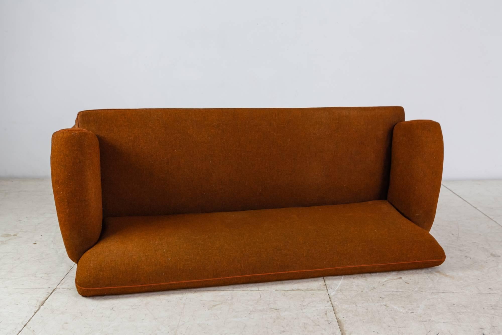 Stained Danish Rounded Three-Seat Sofa with Brown Wool Upholstery, 1940s For Sale