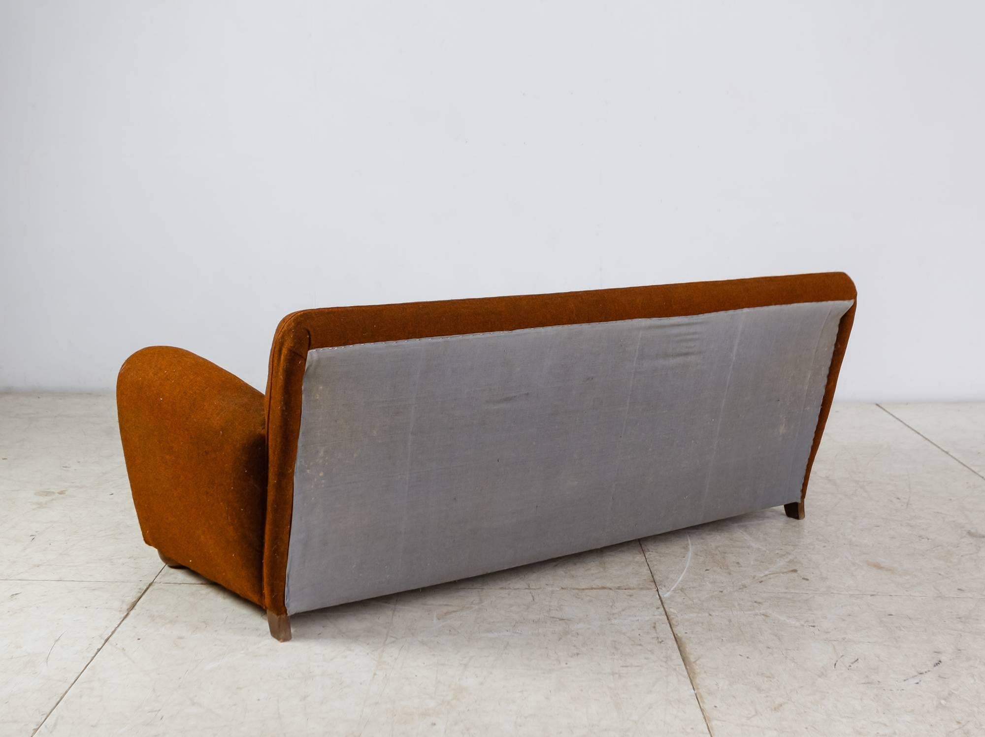 Mid-20th Century Danish Rounded Three-Seat Sofa with Brown Wool Upholstery, 1940s For Sale