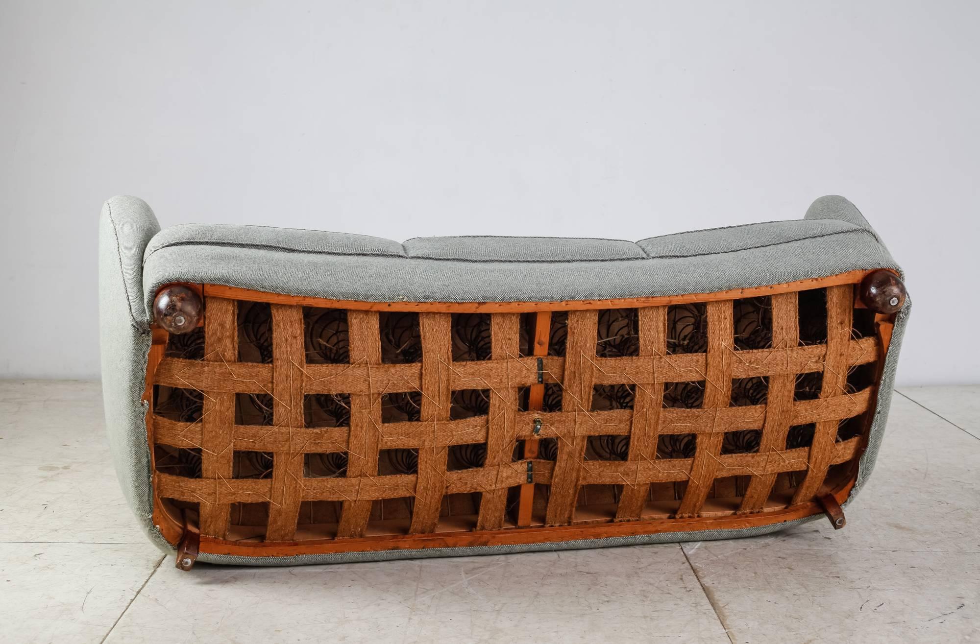 Curved Three-Seat Sofa with Light Blue Fabric Upholstery, Denmark, 1930s For Sale 1