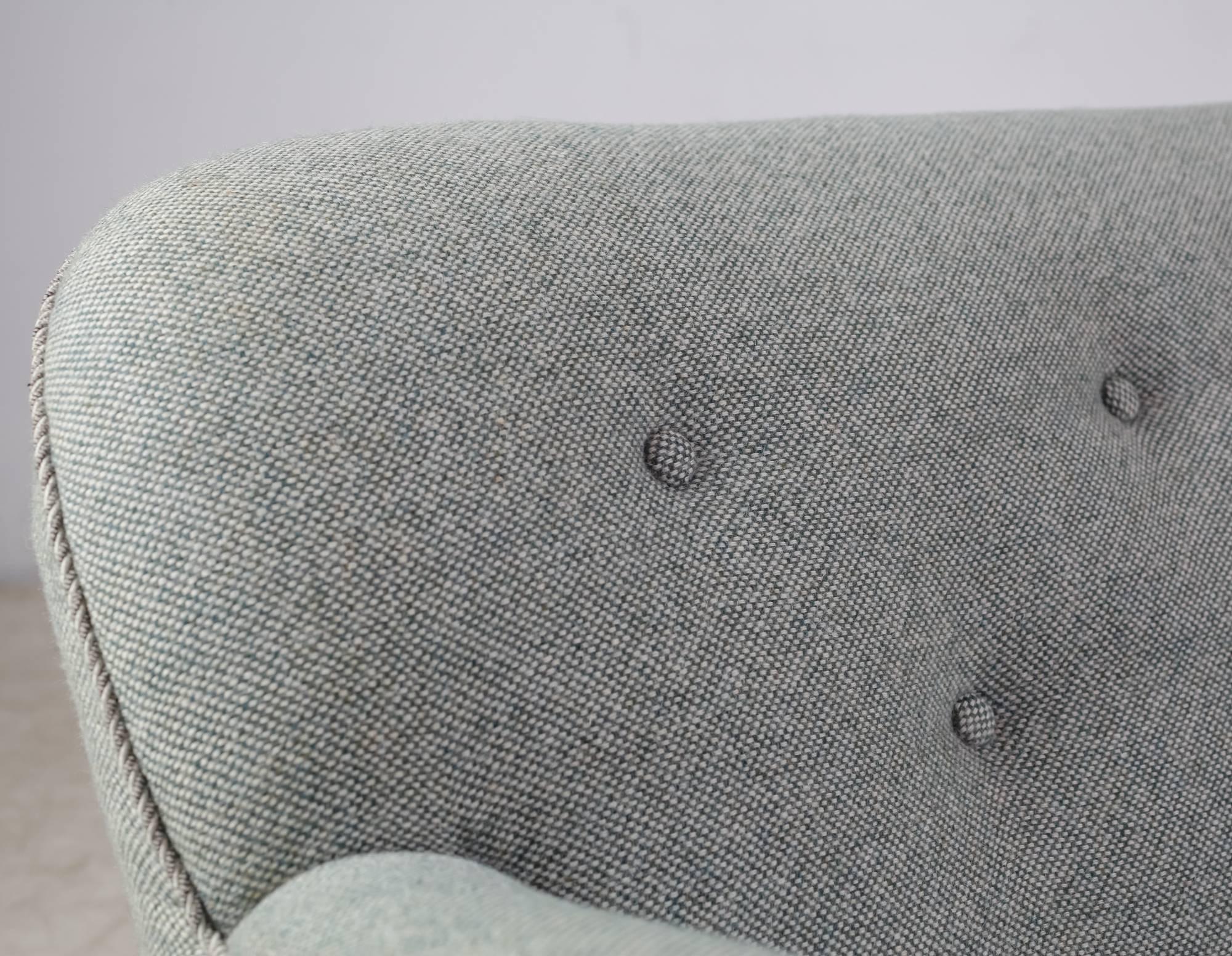 Curved Three-Seat Sofa with Light Blue Fabric Upholstery, Denmark, 1930s For Sale 2