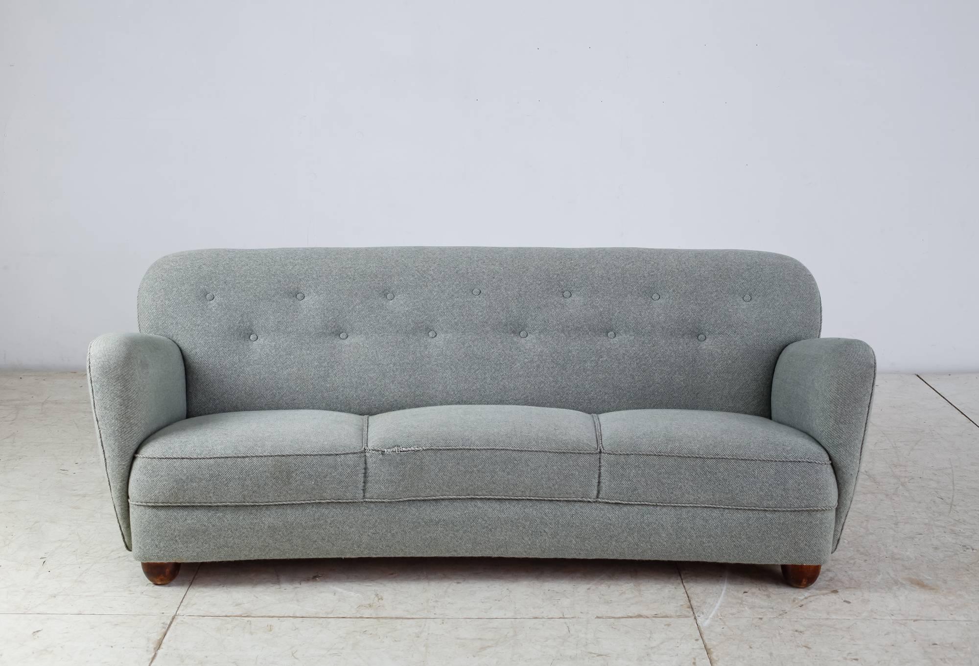 Scandinavian Modern Curved Three-Seat Sofa with Light Blue Fabric Upholstery, Denmark, 1930s For Sale