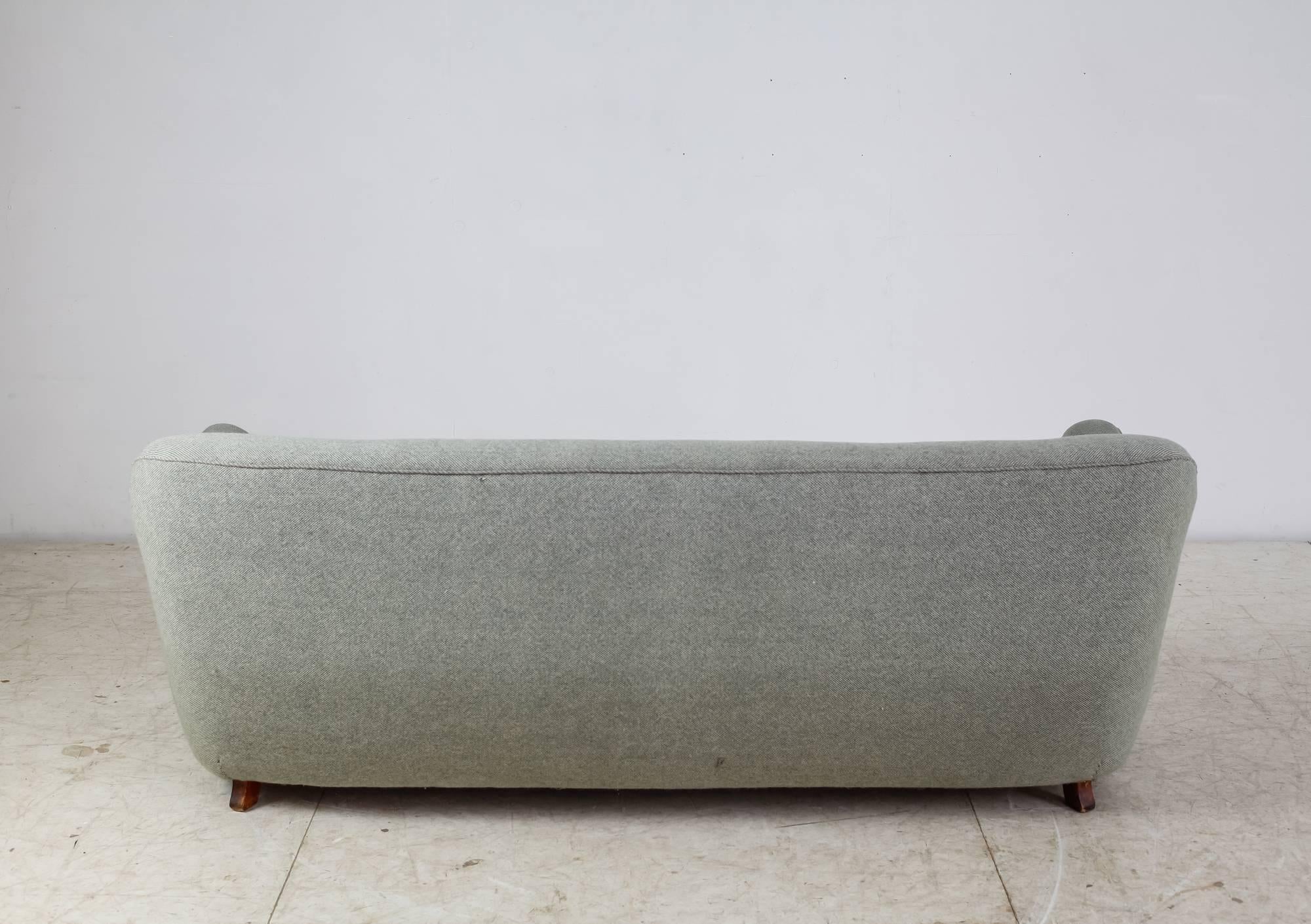 Danish Curved Three-Seat Sofa with Light Blue Fabric Upholstery, Denmark, 1930s For Sale