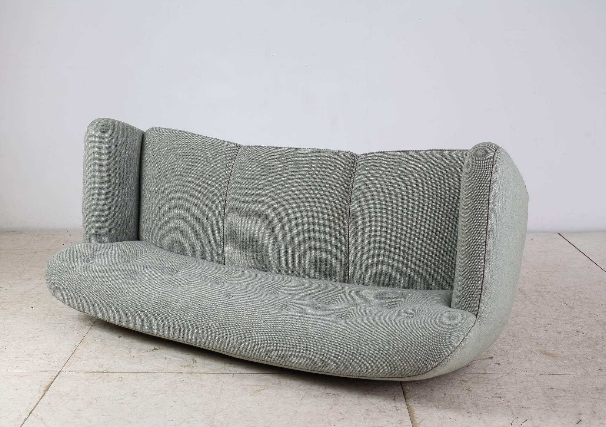 Mid-20th Century Curved Three-Seat Sofa with Light Blue Fabric Upholstery, Denmark, 1930s For Sale