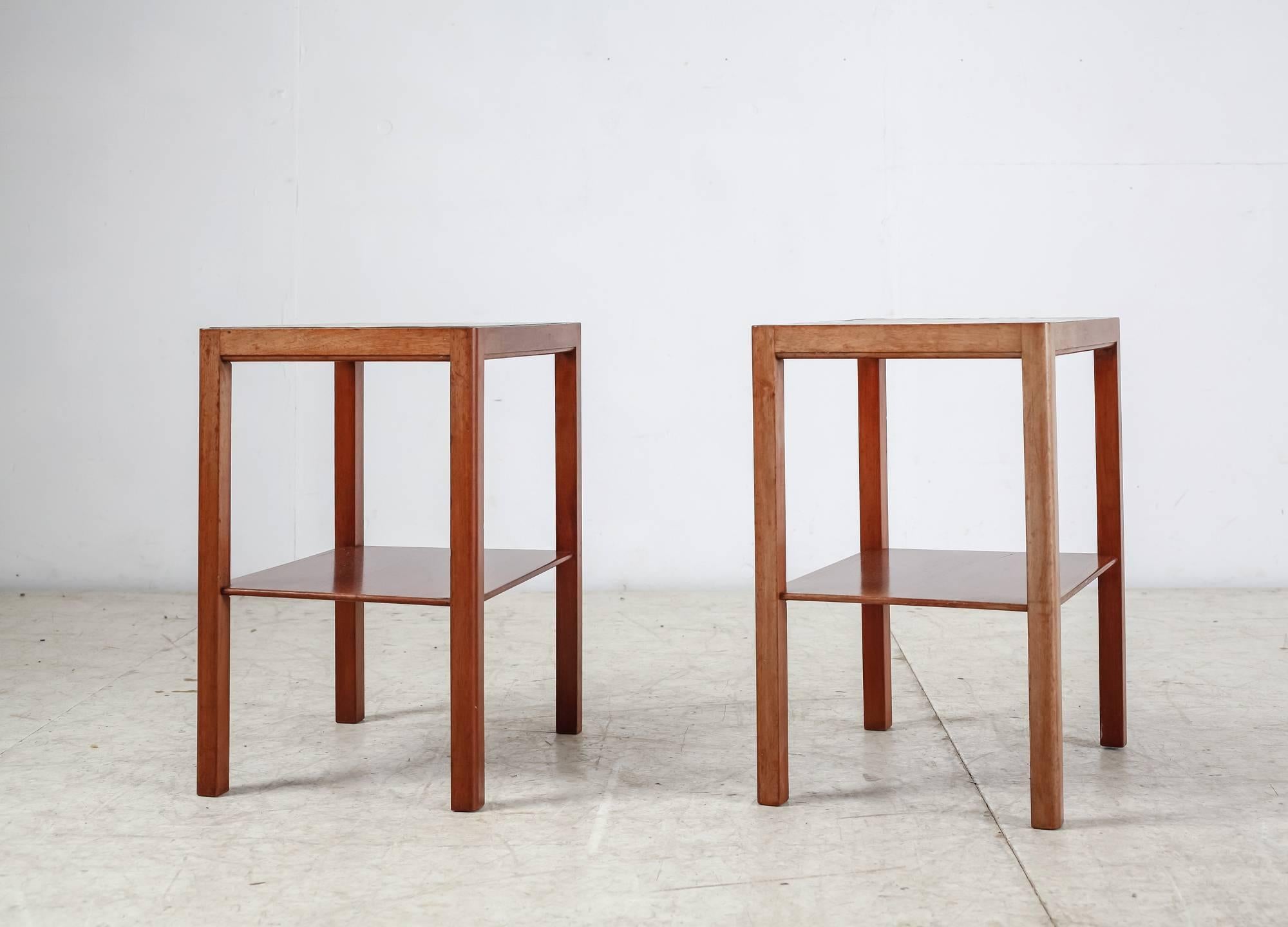 Danish Thorald Madsen Pair of Mahogany Side Tables with Glass Top, Denmark, 1930s For Sale