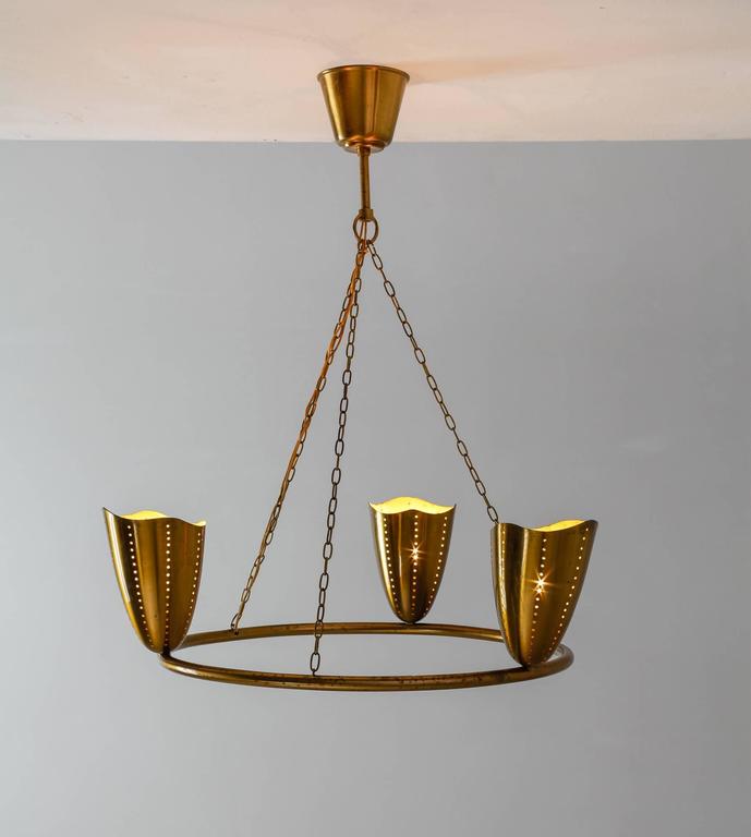 Brass Ring Chandelier with Three Shades, Sweden, 1940s For Sale at 1stDibs