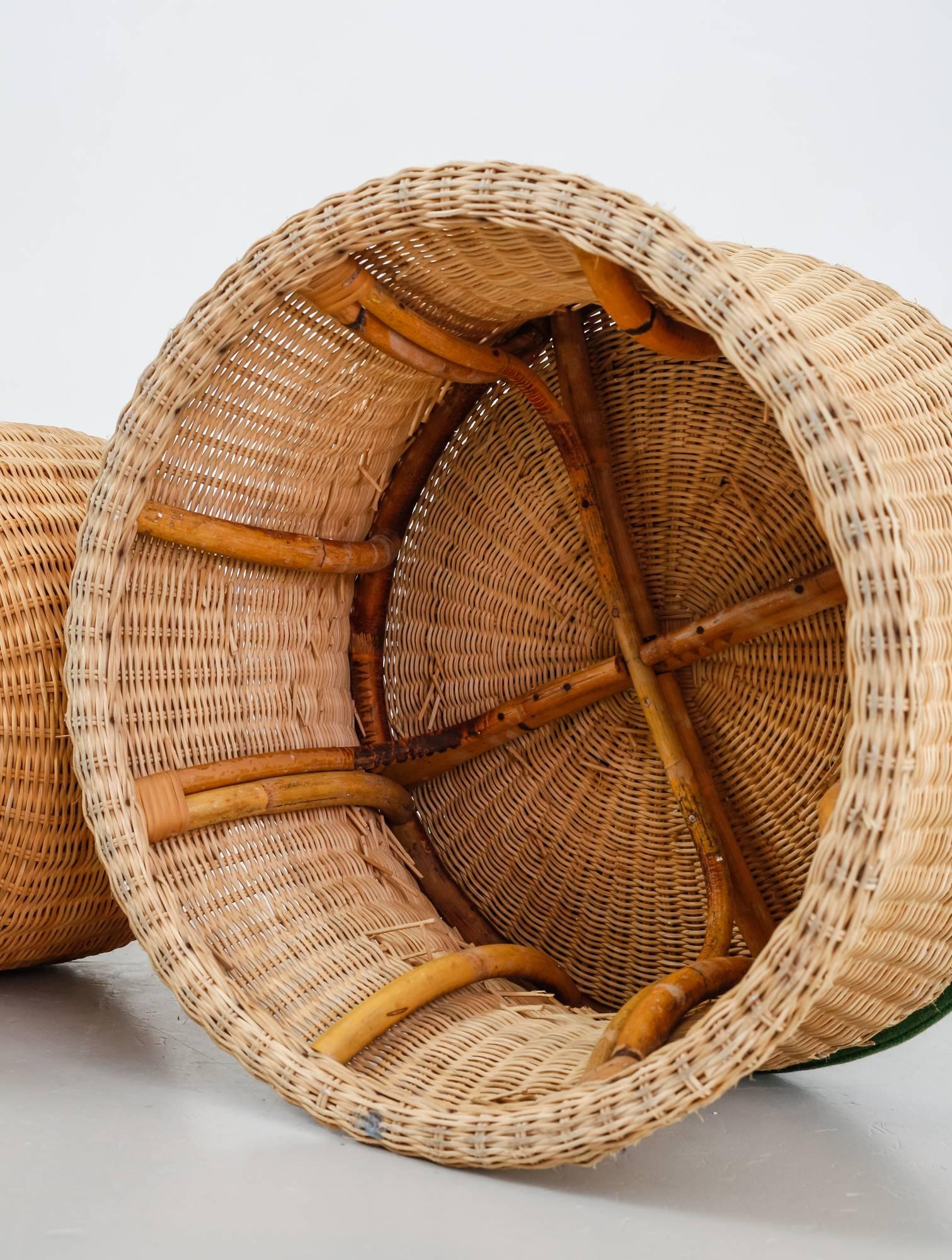Finnish Eero Aarnio Rare Pair of Wicker Juttu Stools with Green Cushions, Finland, 1960s