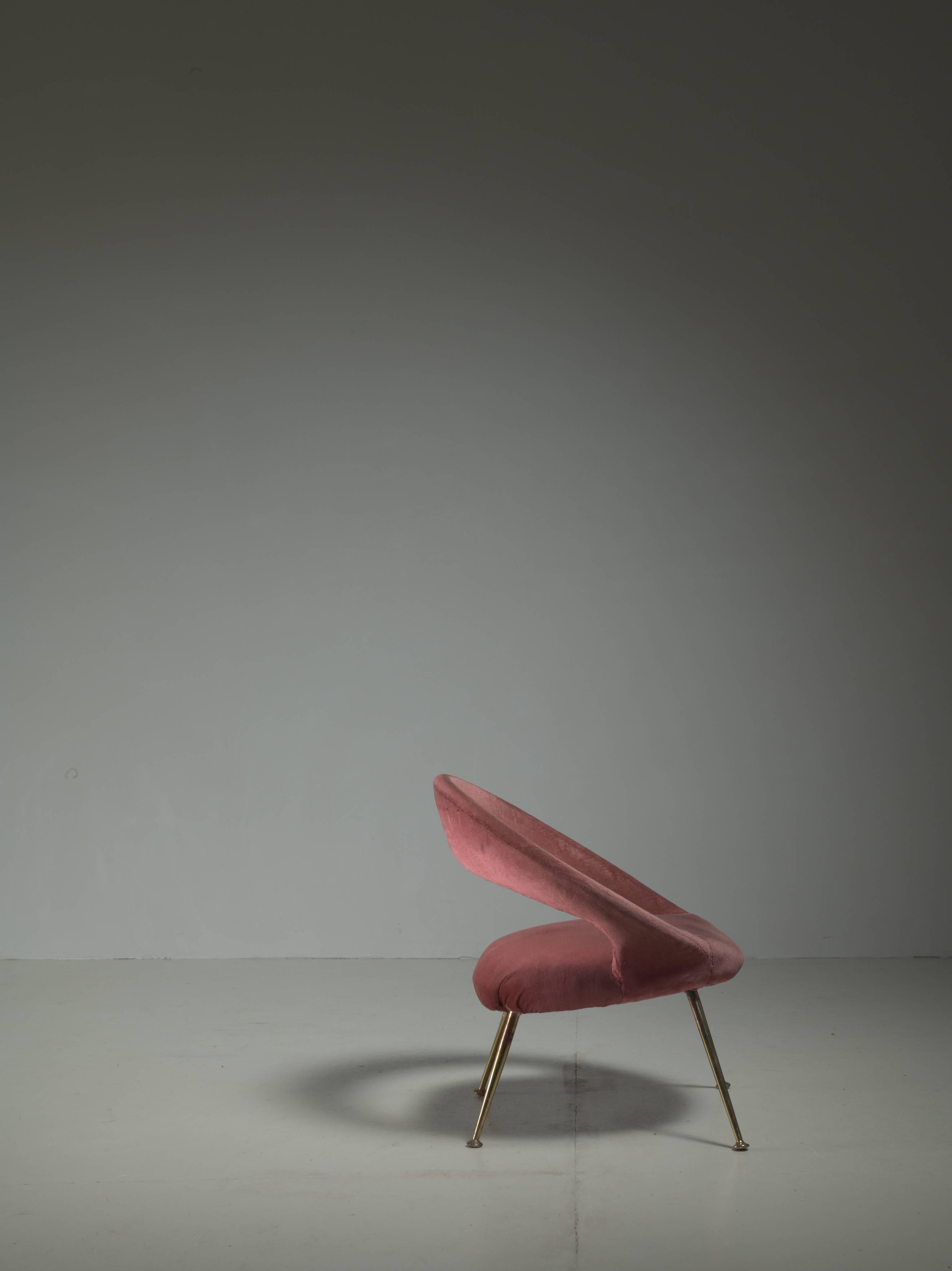 Brass Italian Side Chair in Soft Pink Velours, 1950s For Sale