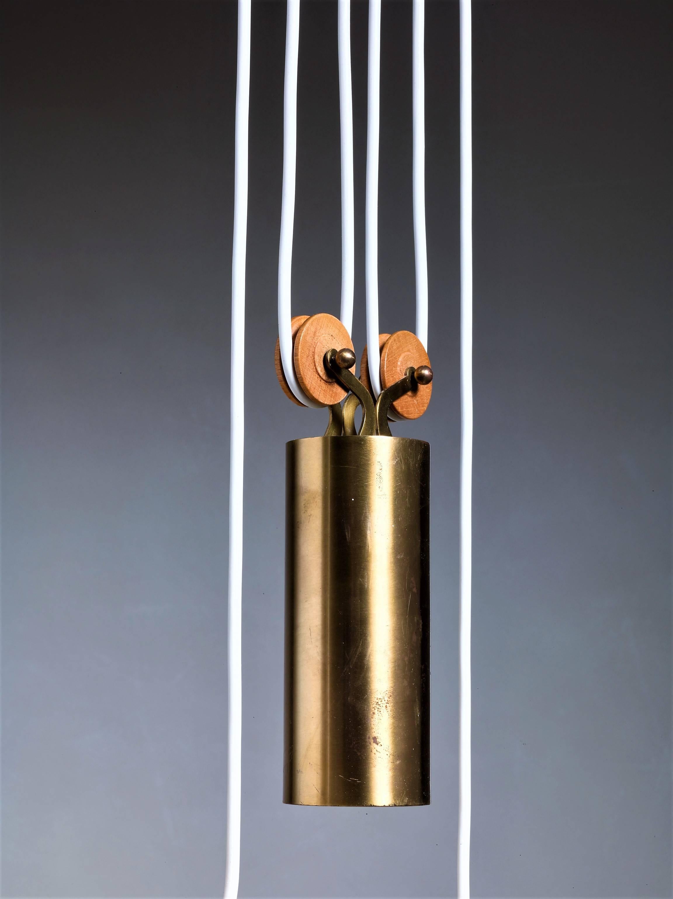 Mid-20th Century Pendant with Pleated Fabric Shade and Brass Counterweight Andpleded Sweden, 1940