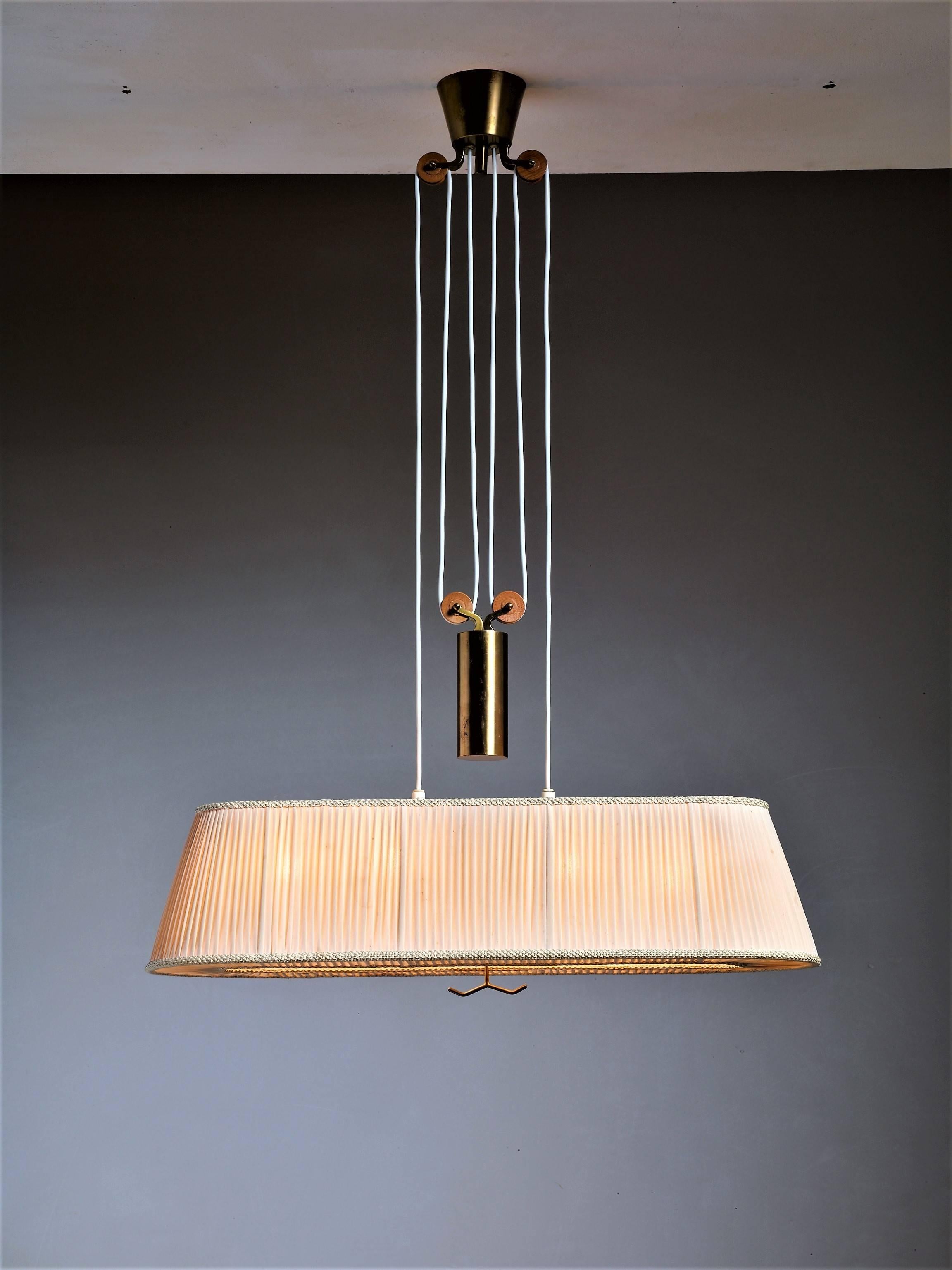 Scandinavian Modern Pendant with Pleated Fabric Shade and Brass Counterweight Andpleded Sweden, 1940