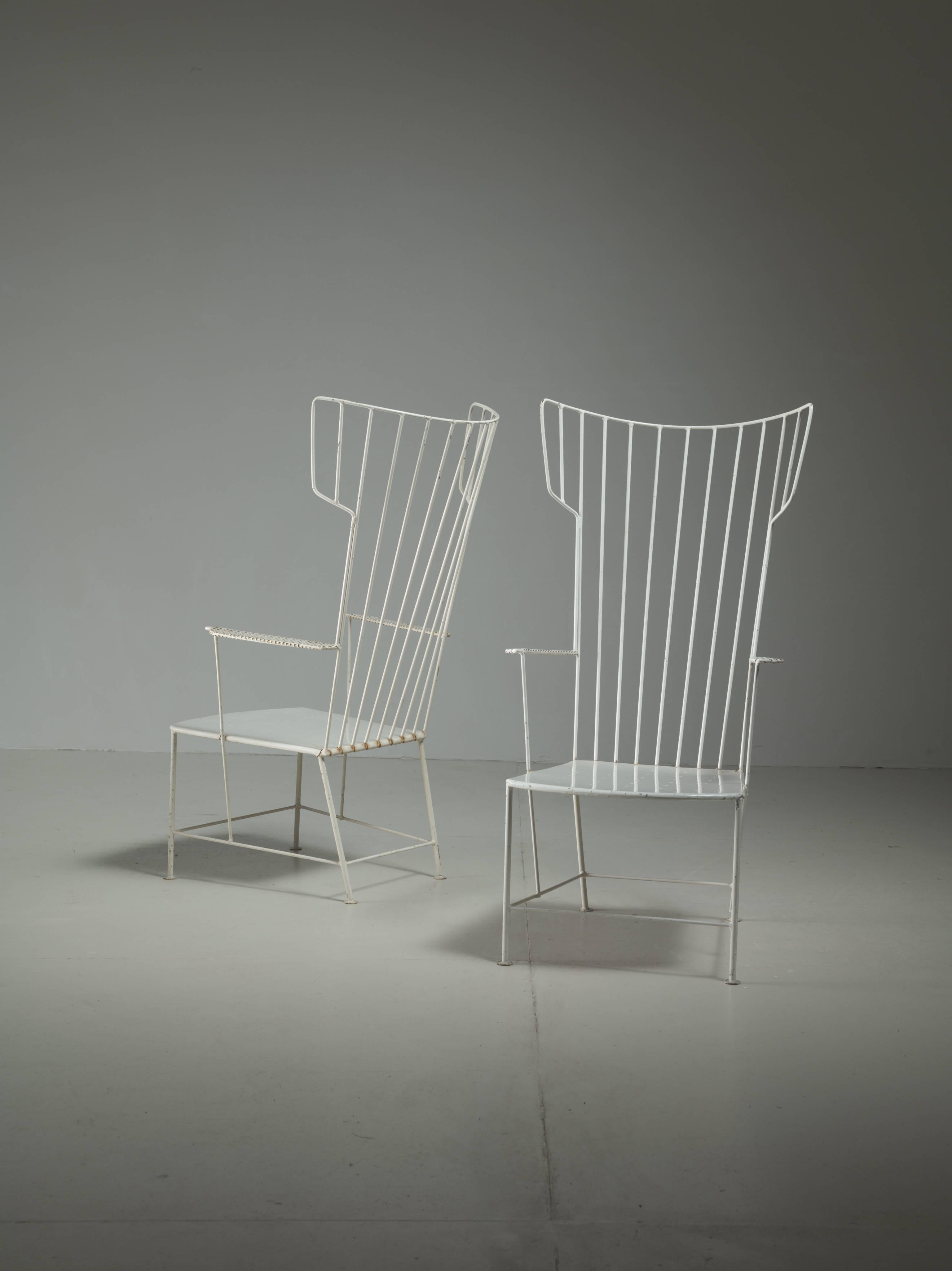 Lacquered Praun and Lauterbach Pair of White Metal Garden Chairs, Austria, 1950s For Sale