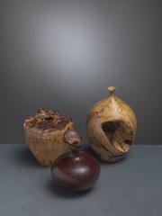 Set of Three Turned Burl Wood Vases, Hap Sakwa, Ron Pisani, USA, 1980s