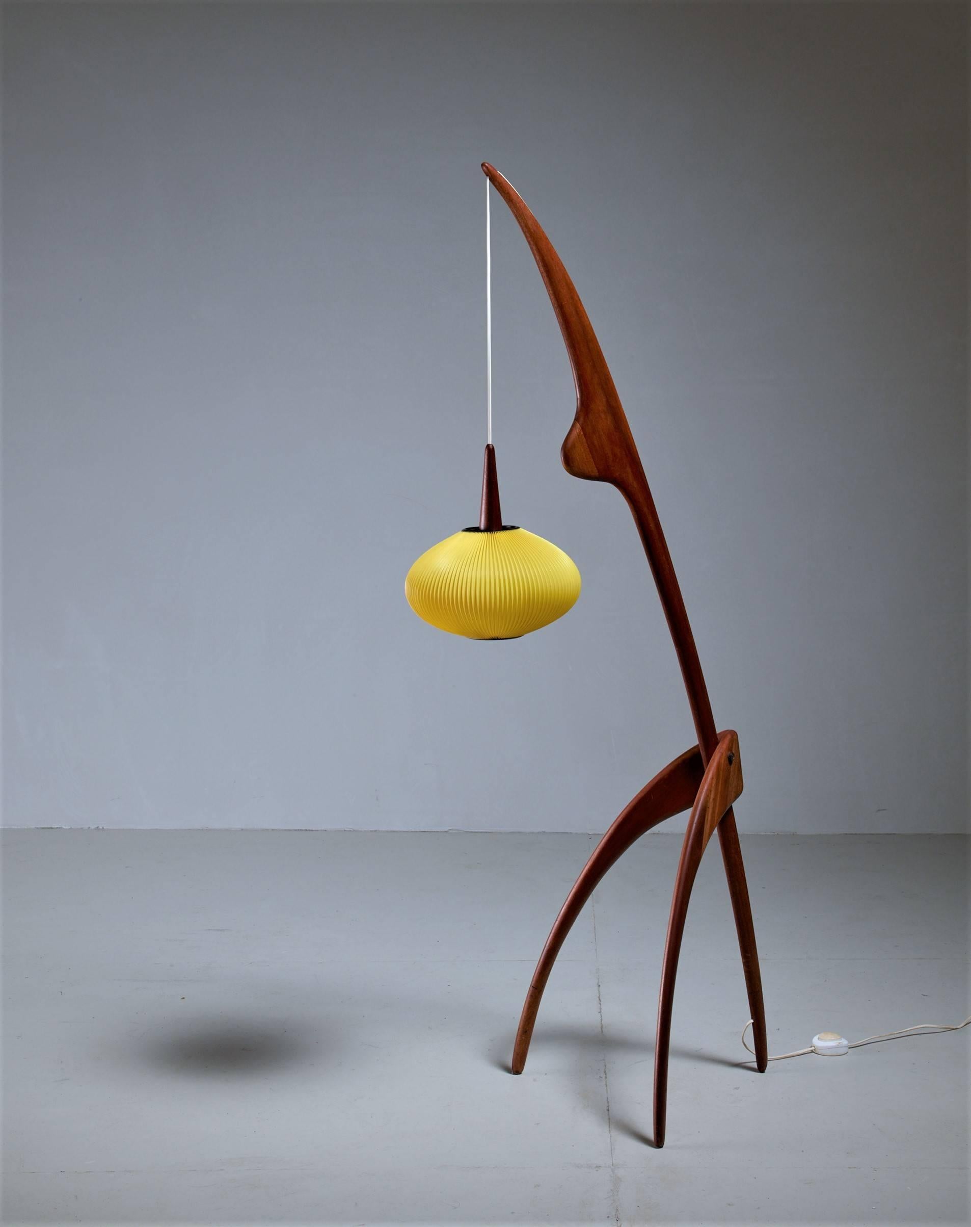 French Rispal Mante Religieuse Floor Lamp with Yellow Shade, France, 1950s