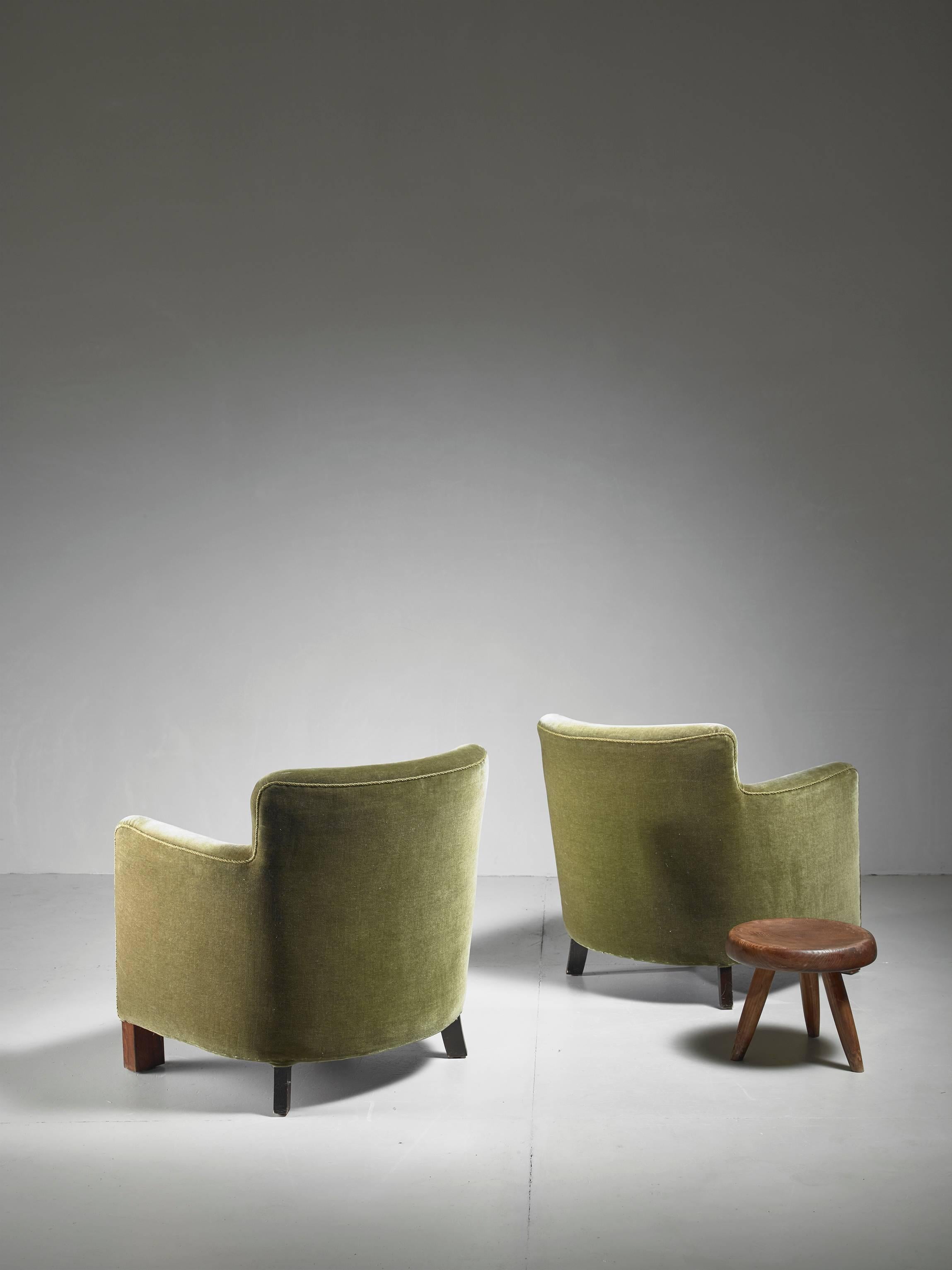 Scandinavian Modern Pair of Danish Club Chairs in Green, 1940s
