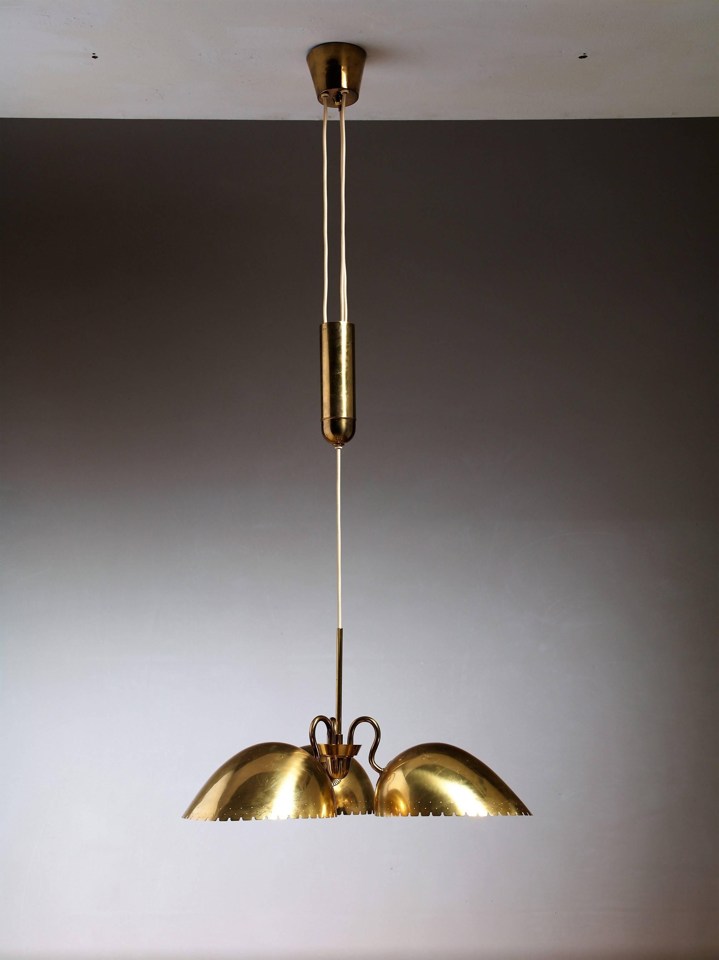 Swedish Bertil Brisborg Brass Pendant with Three Shades and Counterweight, Sweden, 1940 For Sale