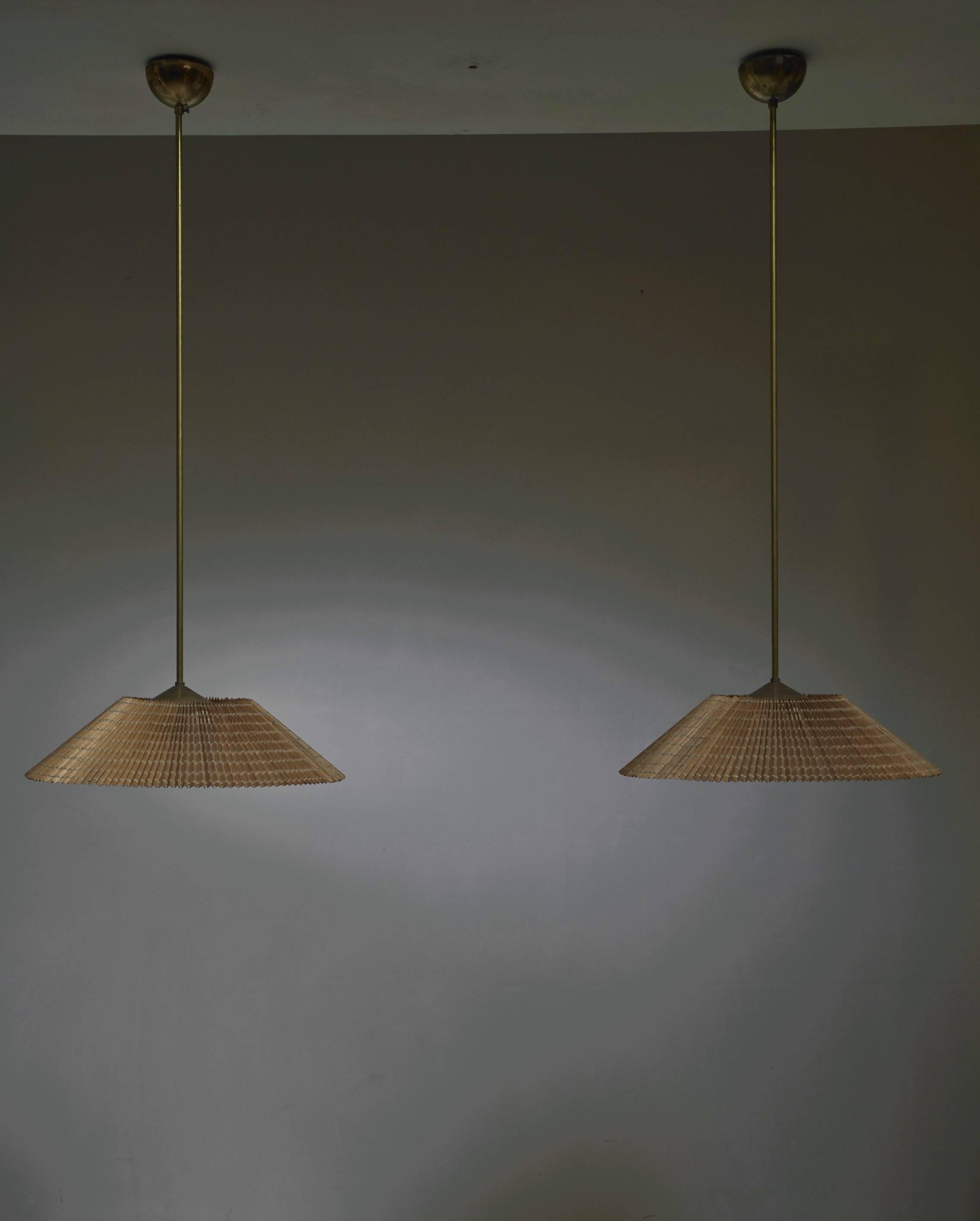 Scandinavian Modern Paavo Tynell Pair of Pendants with Wooden Shade, Idman, Finland, 1950s For Sale