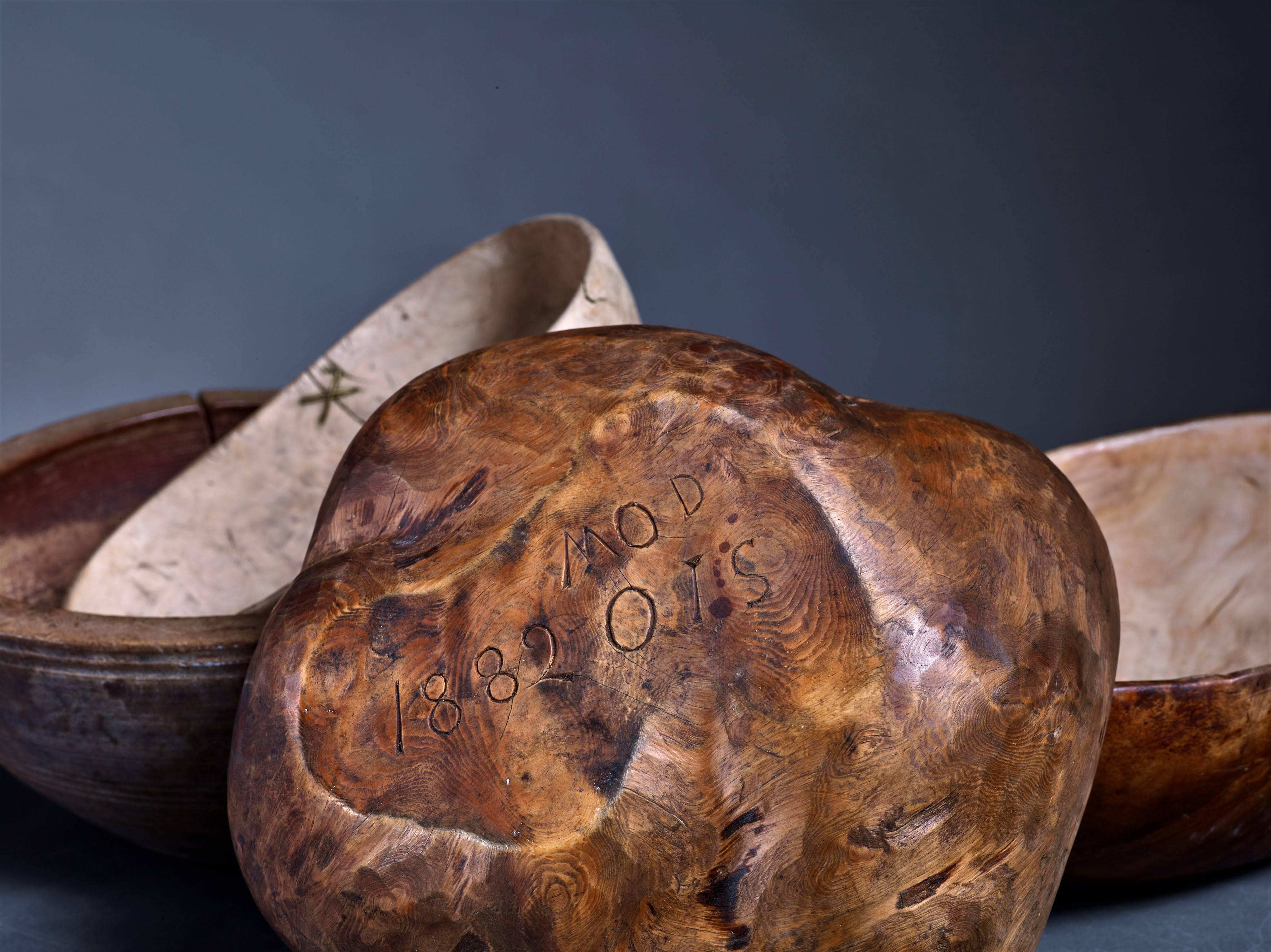 Swedish Four Wooden Folk Art Bowls from Sweden, 19th Century