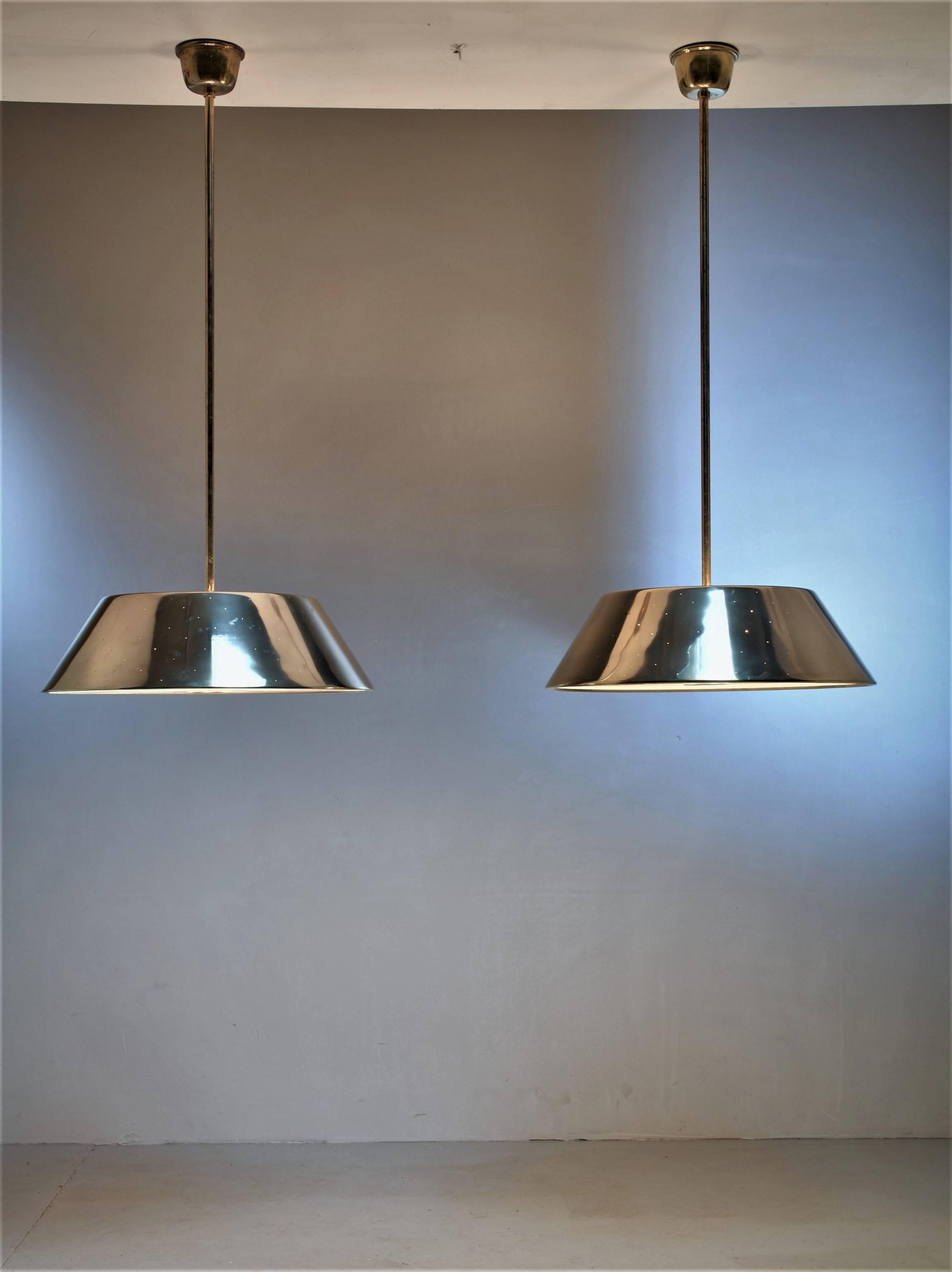 Scandinavian Modern Pair of Large Paavo Tynell Brass Pendants, Finland, 1950s For Sale