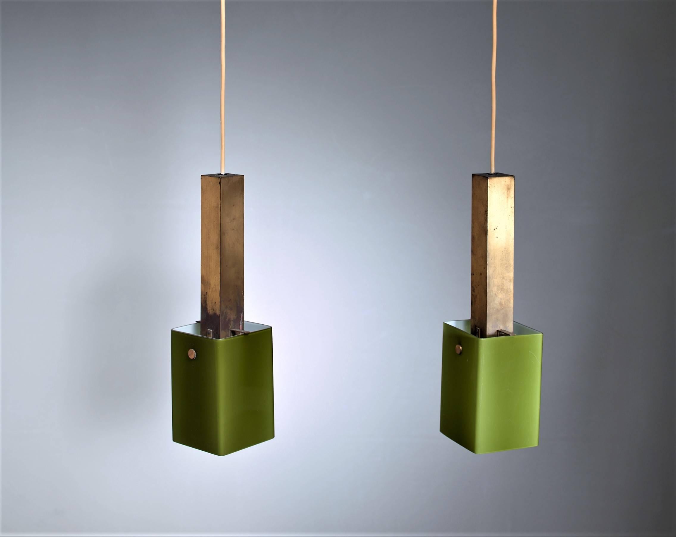 Italian Pair of Brass and Green Glass Pendants, 1950s