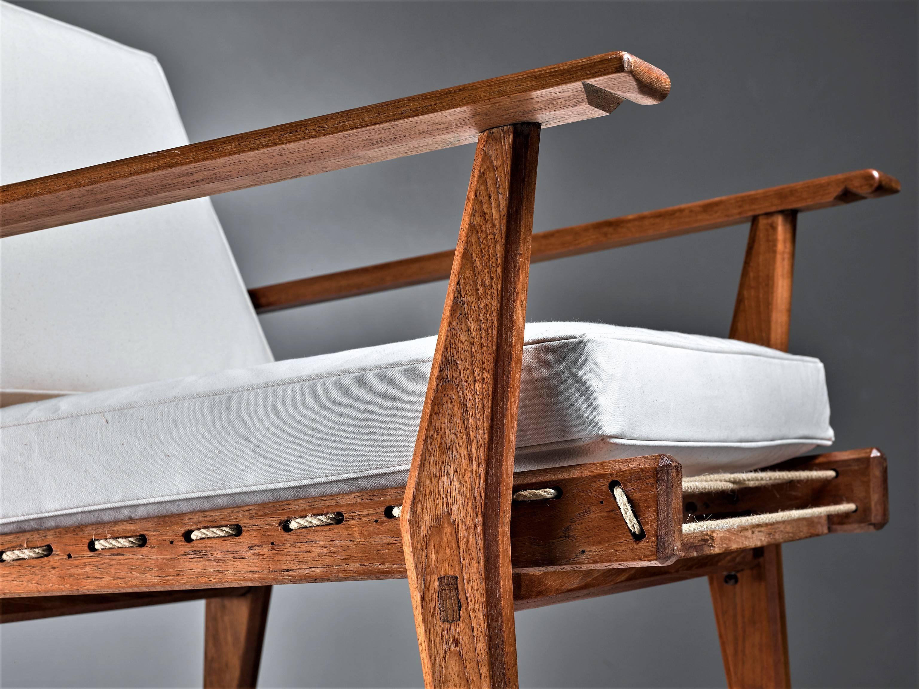 Mid-20th Century Pair of Italian 1950s Rope Chairs in Solid Teak with New White Canvas Upholstery