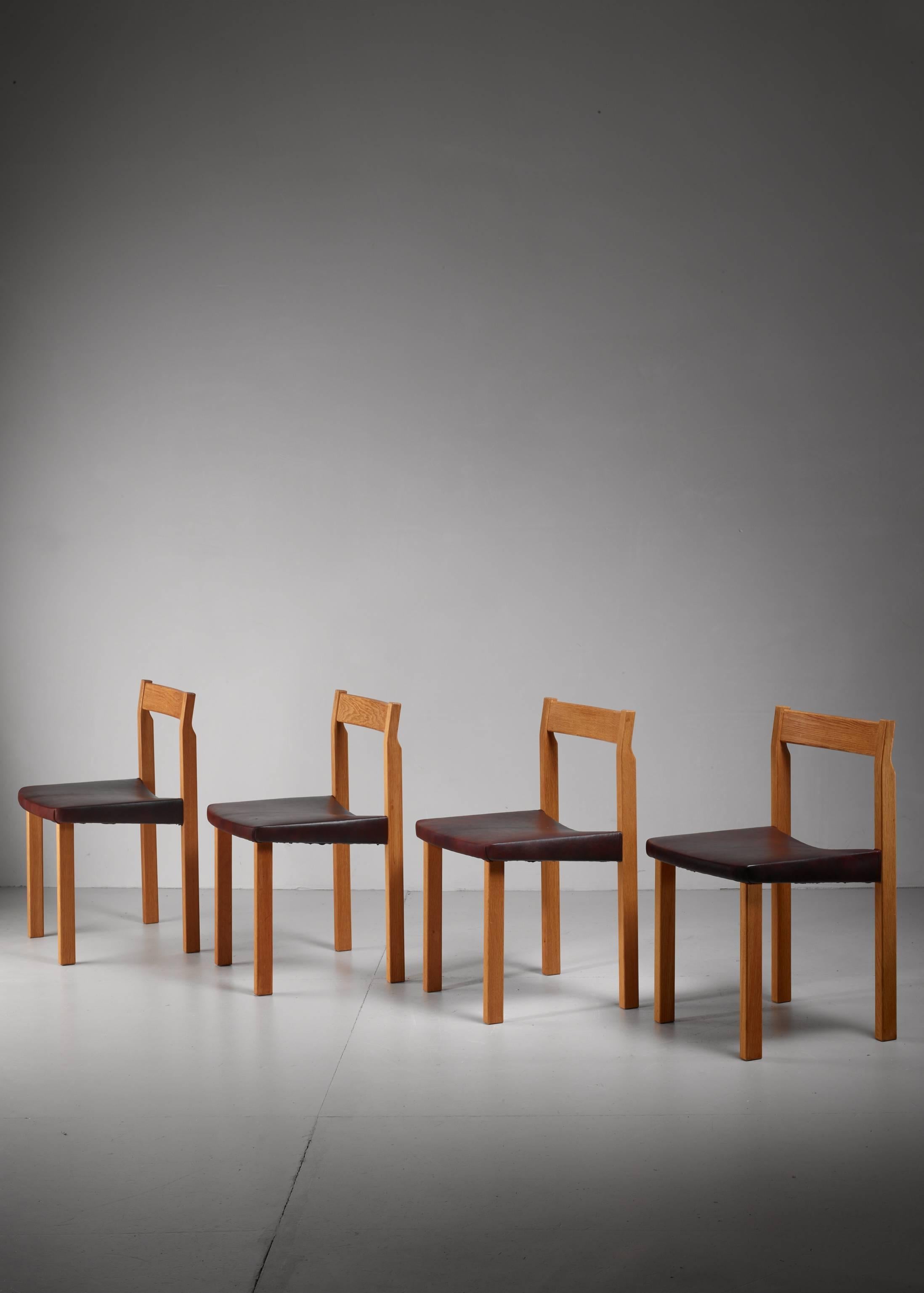 A set of four dining chairs by Olavi Hänninen for Huonekalu Mikko Nupponen.
These model 'Tuomas' chairs are made of oak with a brown leather upholstery.
Marked by Nupponen and in a wonderful condition.
 