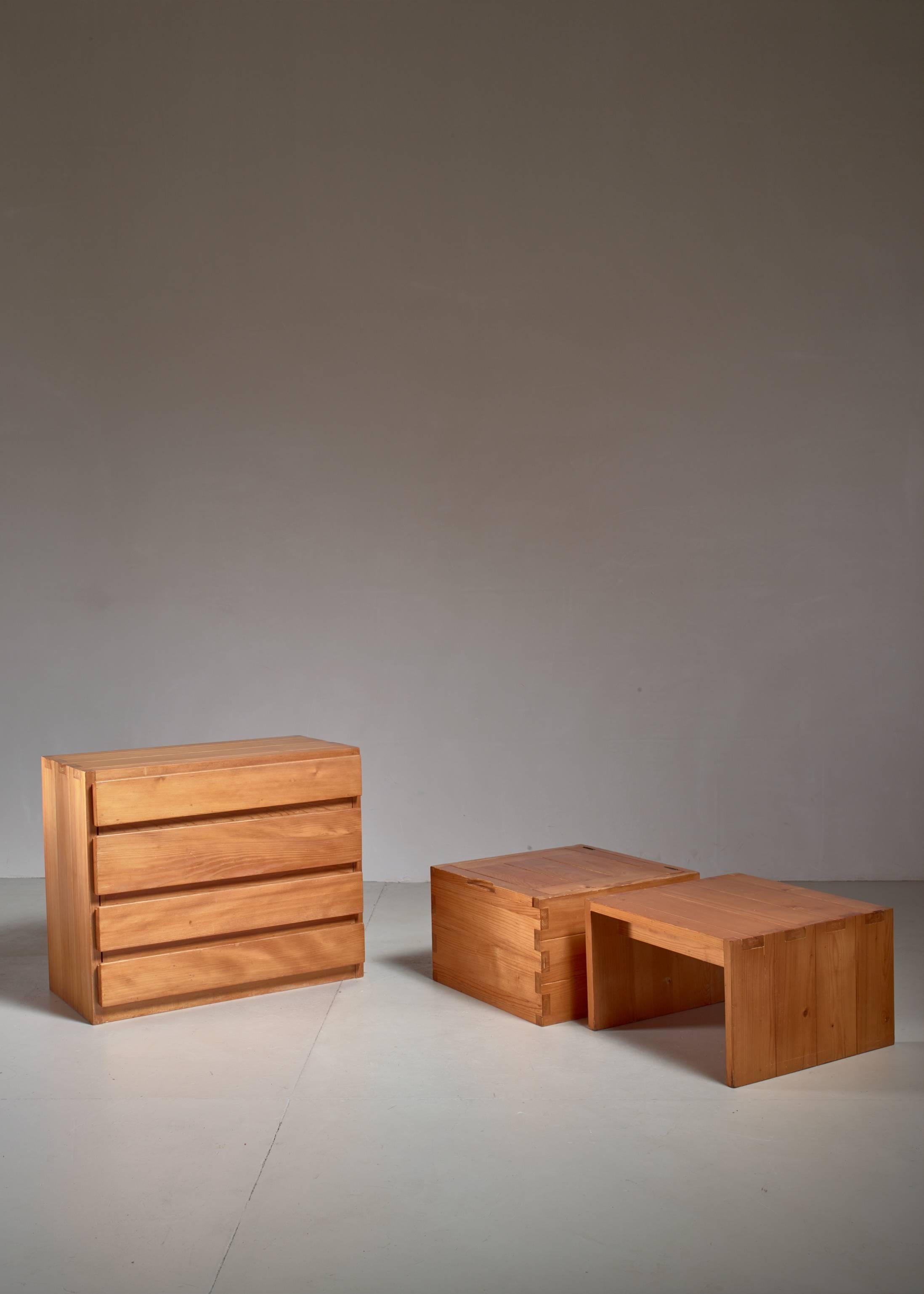 Mid-Century Modern Campagne Style Pine Set of Three Pieces, France, 1960s