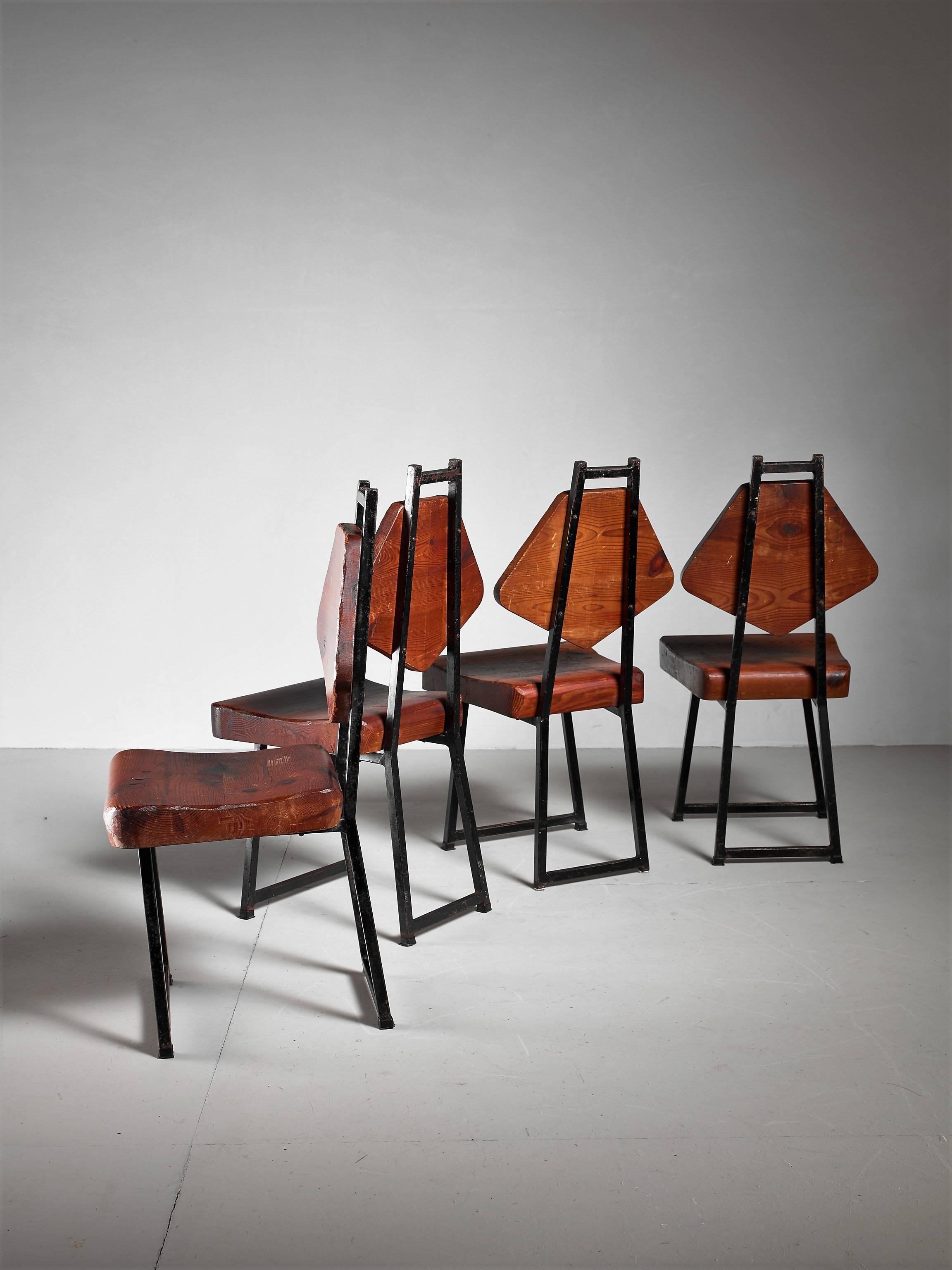 Mid-Century Modern Set of Four Pine and Iron Chairs, France, 1950s For Sale