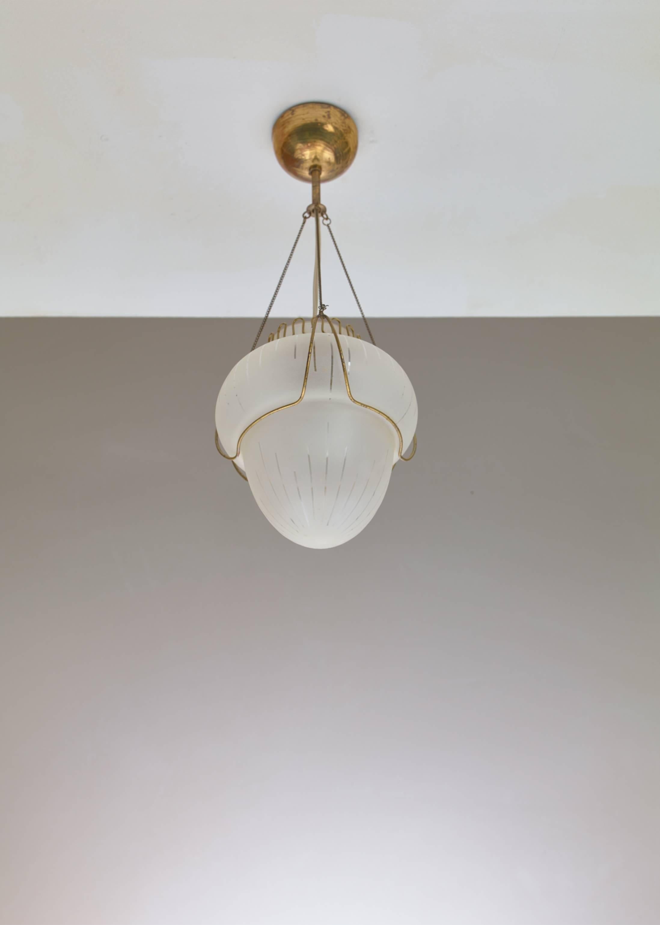 Frosted Glass and Brass Pendant, Sweden, 1940s In Excellent Condition For Sale In Maastricht, NL