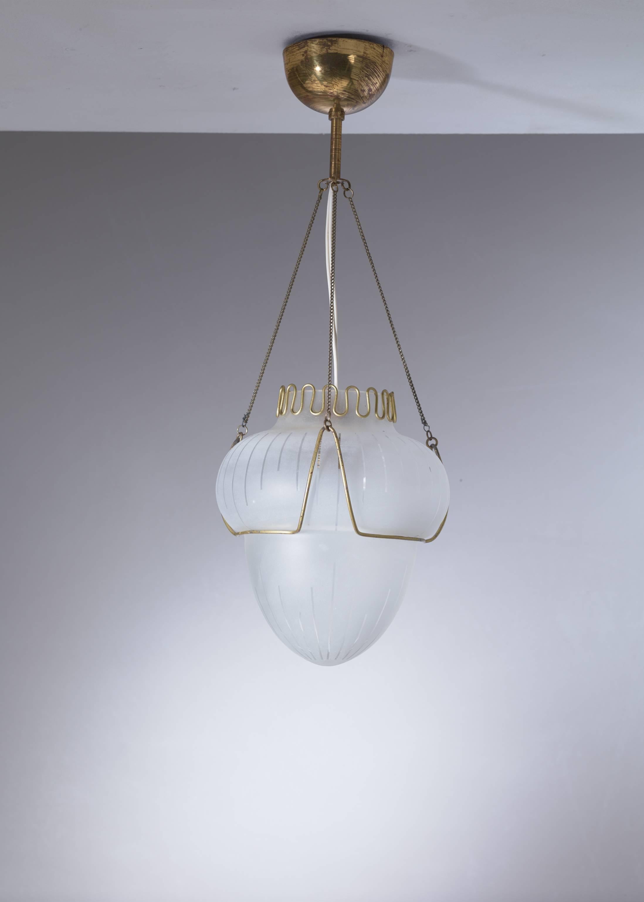 Scandinavian Modern Frosted Glass and Brass Pendant, Sweden, 1940s For Sale