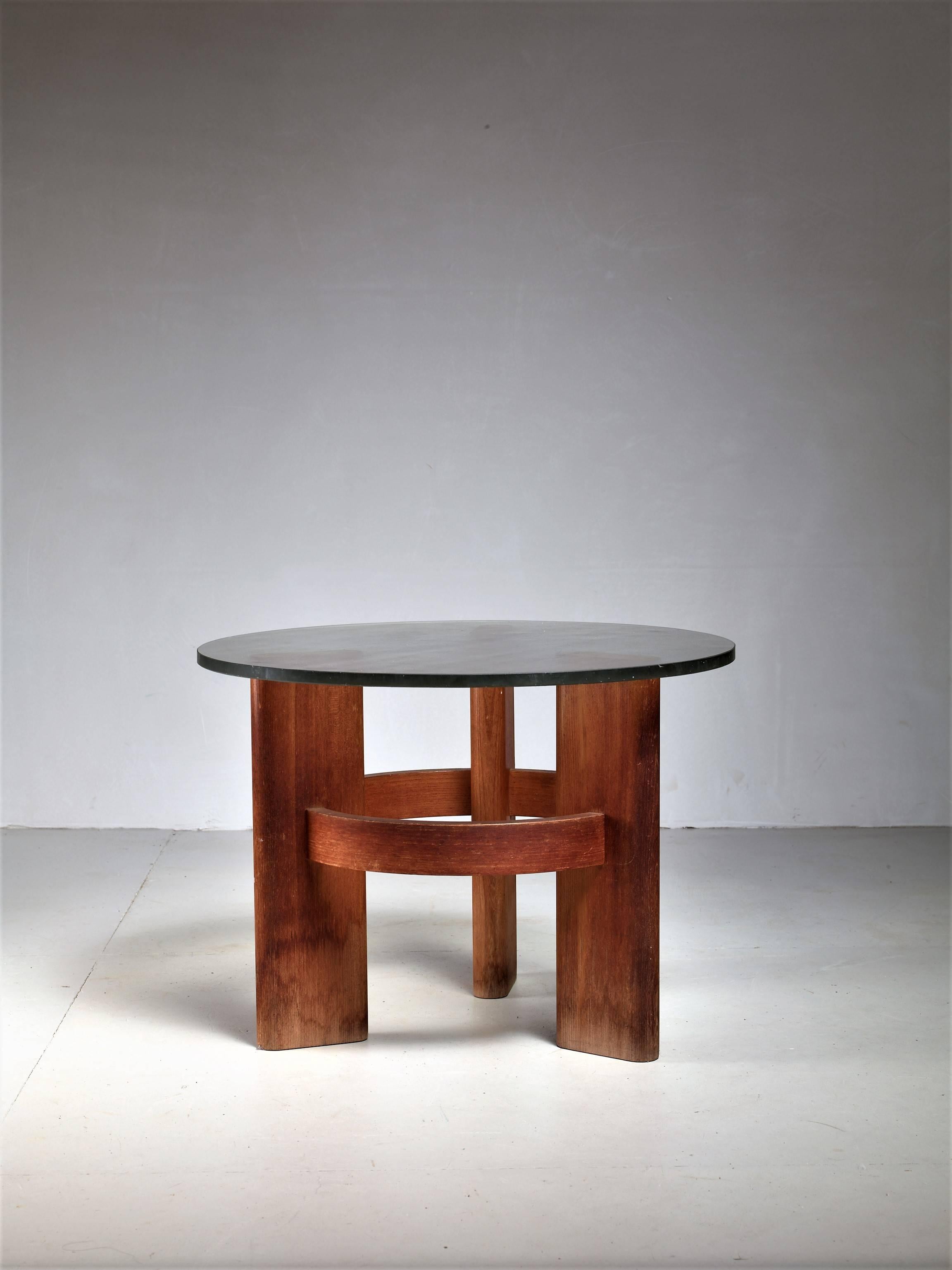 Scandinavian Modern Round Studio Side Table with Solid Old Oak Legs and Original Glass Top, Sweden