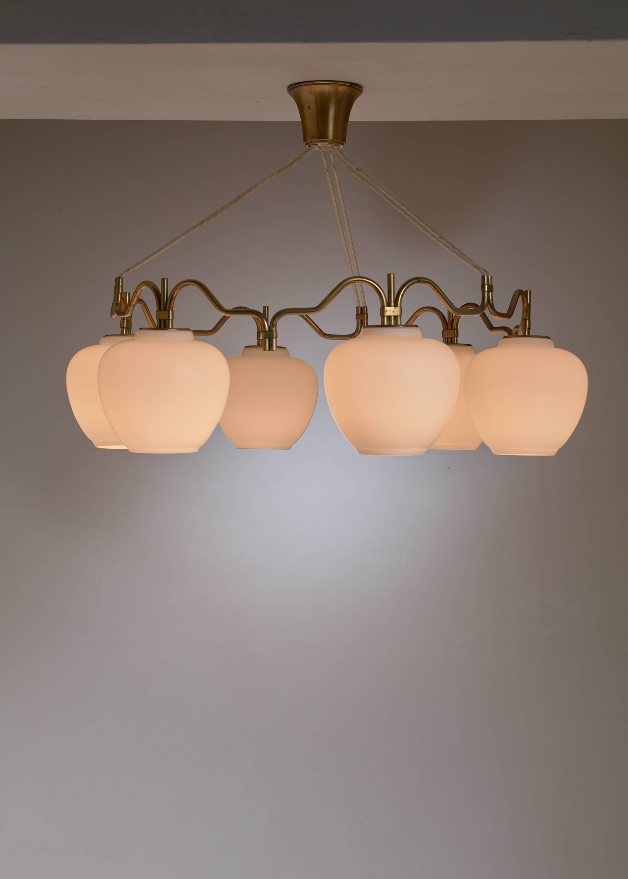 Scandinavian Modern Bent Karlby Brass Six Shade Chandelier for Lyfa, Denmark, 1950s