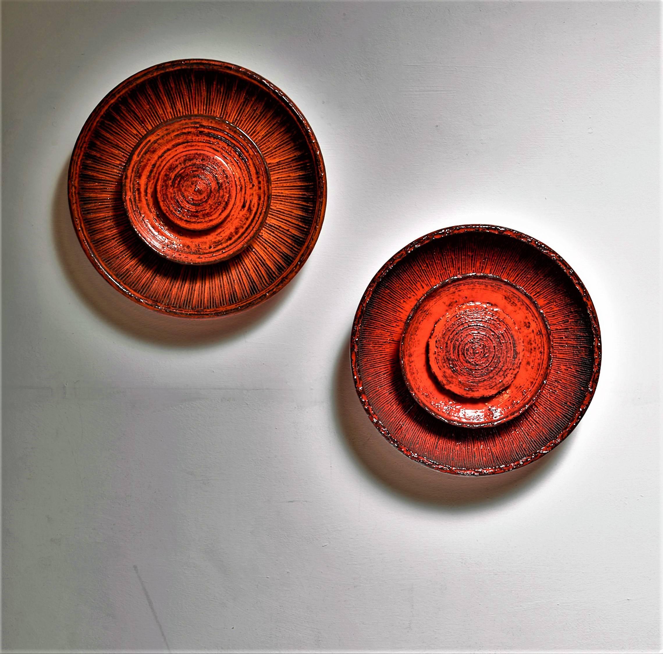 Scandinavian Modern Pair of Ege Dagnæs Red Ceramic Wall Lamps, Denmark, 1960s