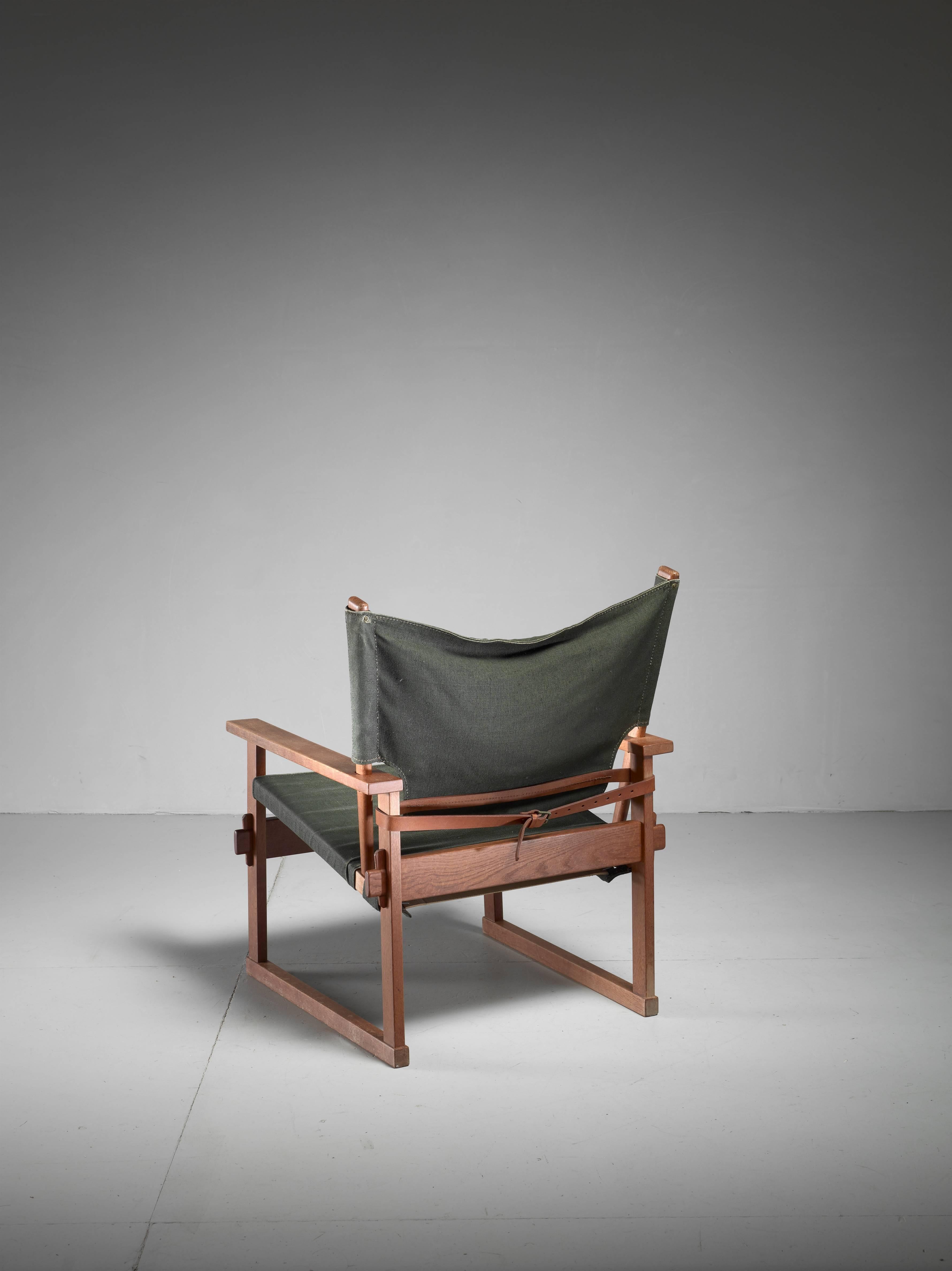 Danish Poul Hundevad Armchair in Oak with Green Canvas, Denmark, 1960s For Sale