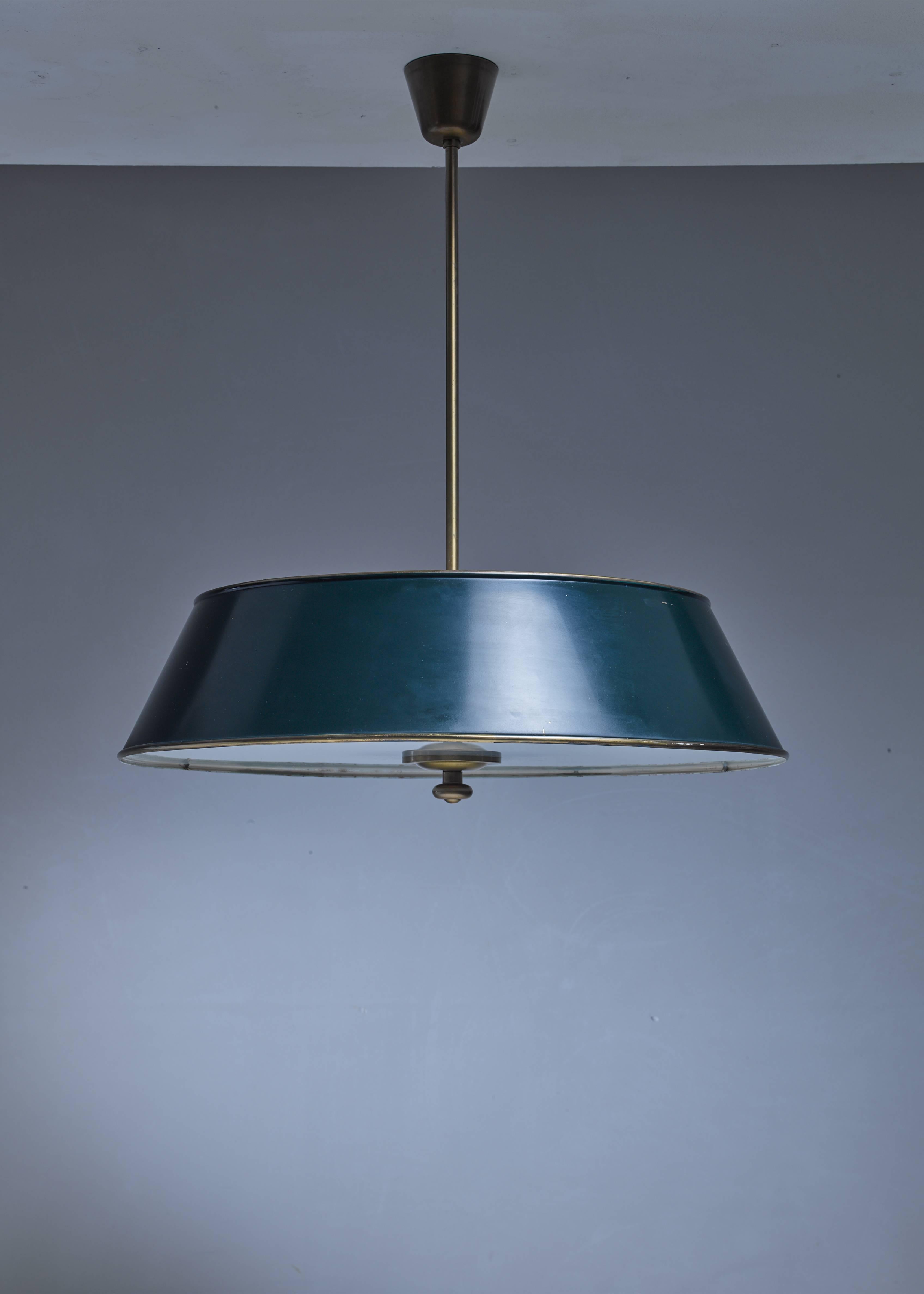 Scandinavian Modern Modernist Dark Green Metal and Brass Pendant by Harald Notini, Sweden For Sale