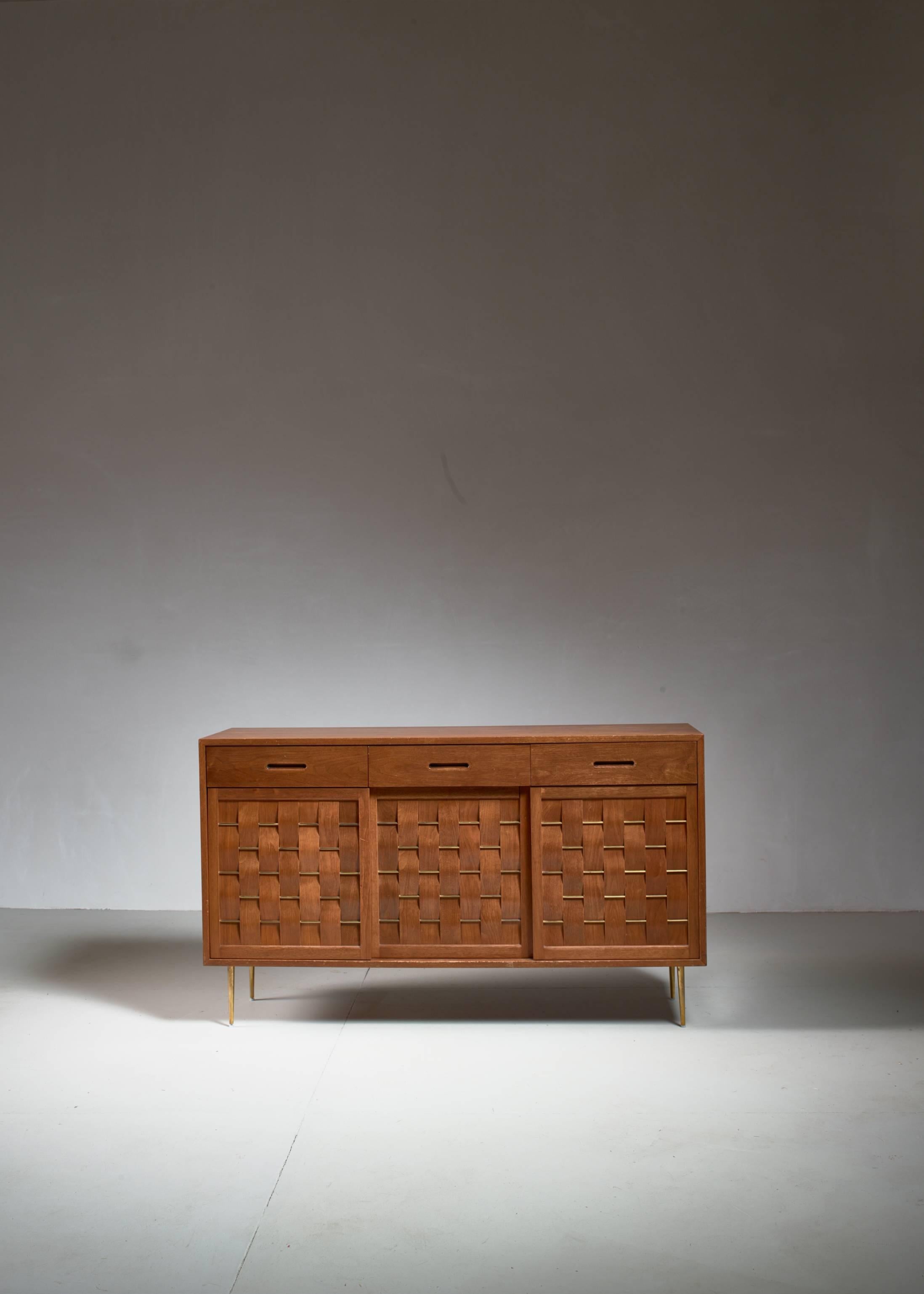 Mid-Century Modern Edward Wormley Woven Credenza with Rare Brass Legs and Details for Dunbar, 1950s For Sale