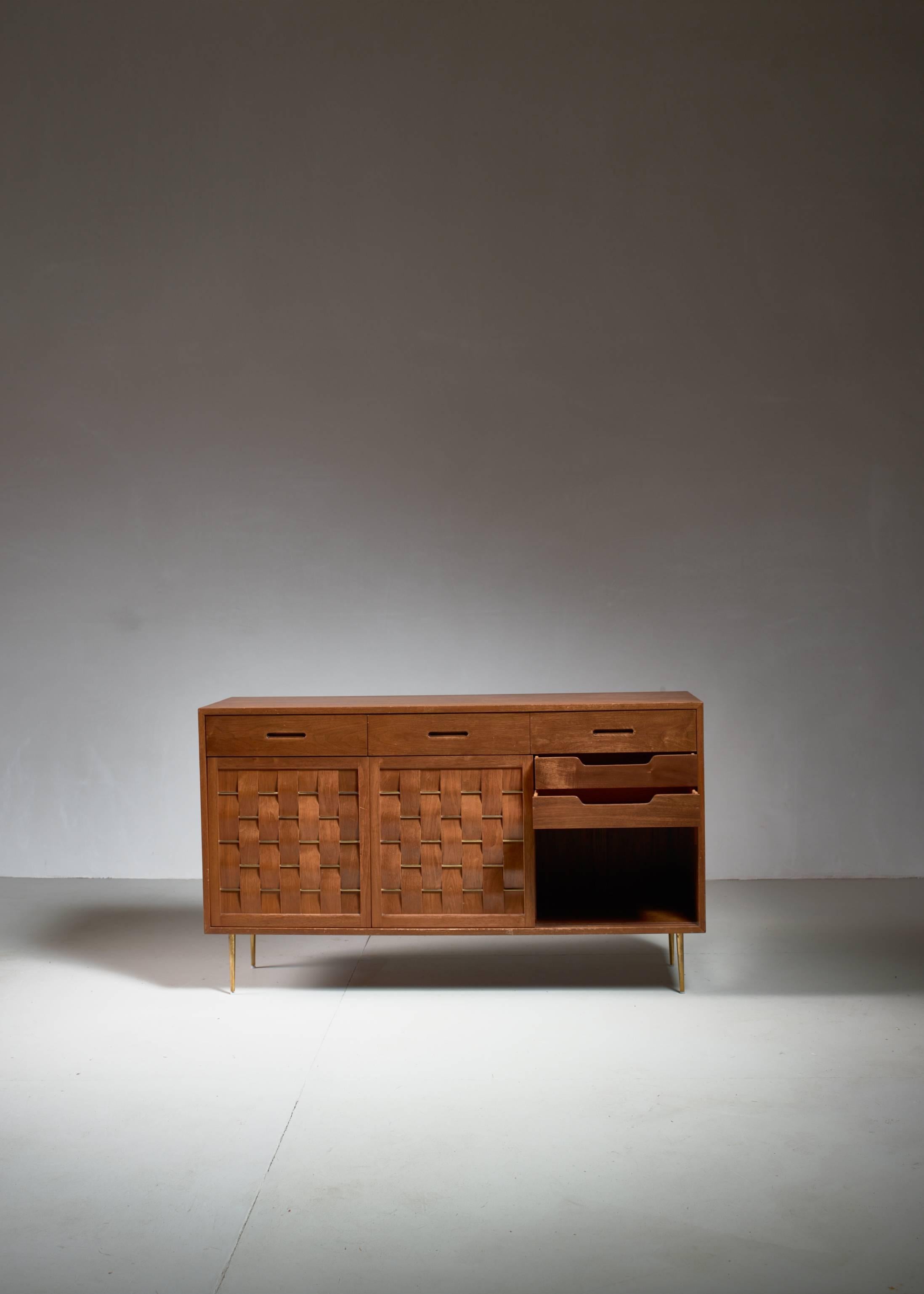 Mid-20th Century Edward Wormley Woven Credenza with Rare Brass Legs and Details for Dunbar, 1950s For Sale