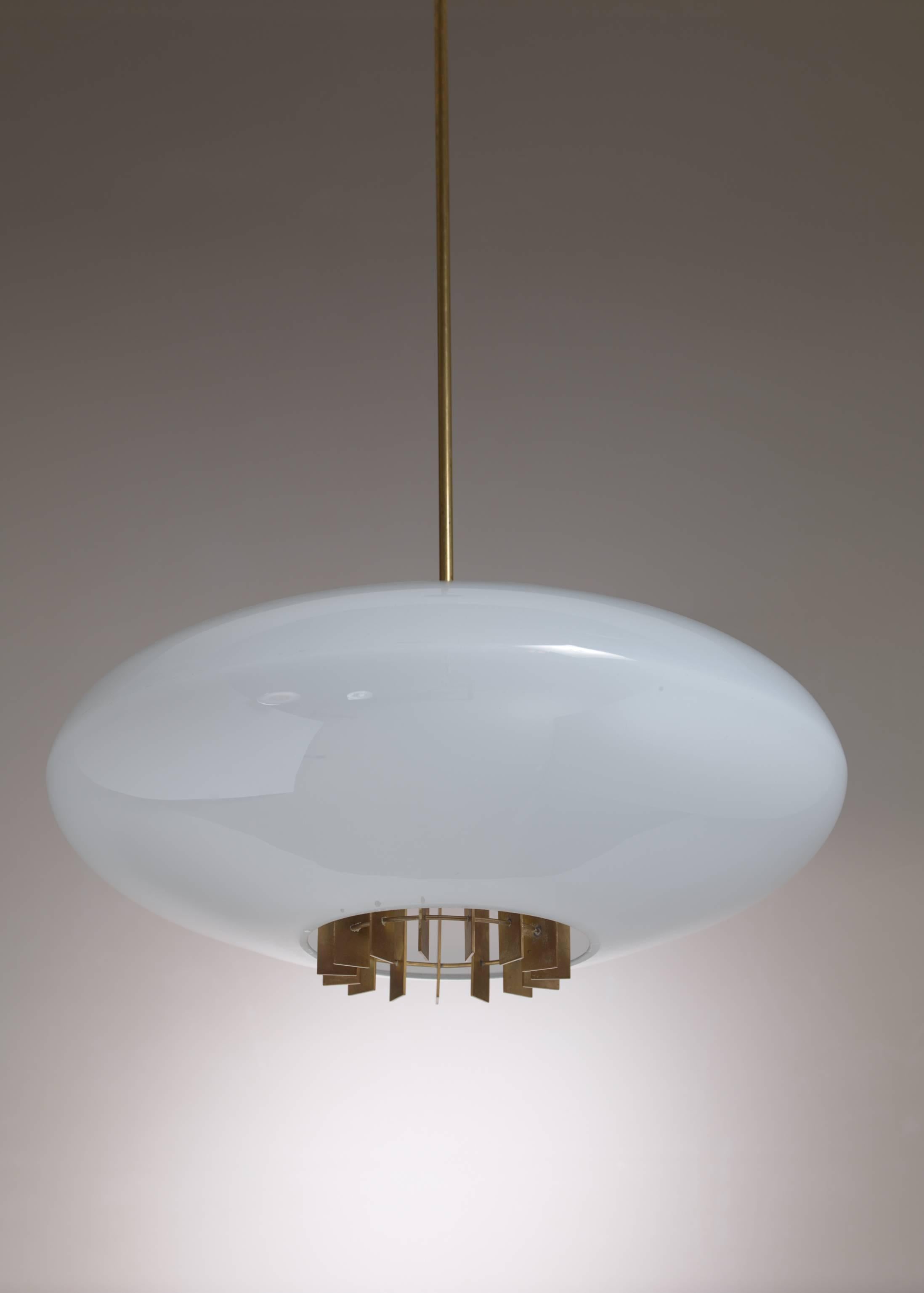 One of Two Large Opaline Glass and Brass Pendants, Sweden, 1940s In Excellent Condition For Sale In Maastricht, NL