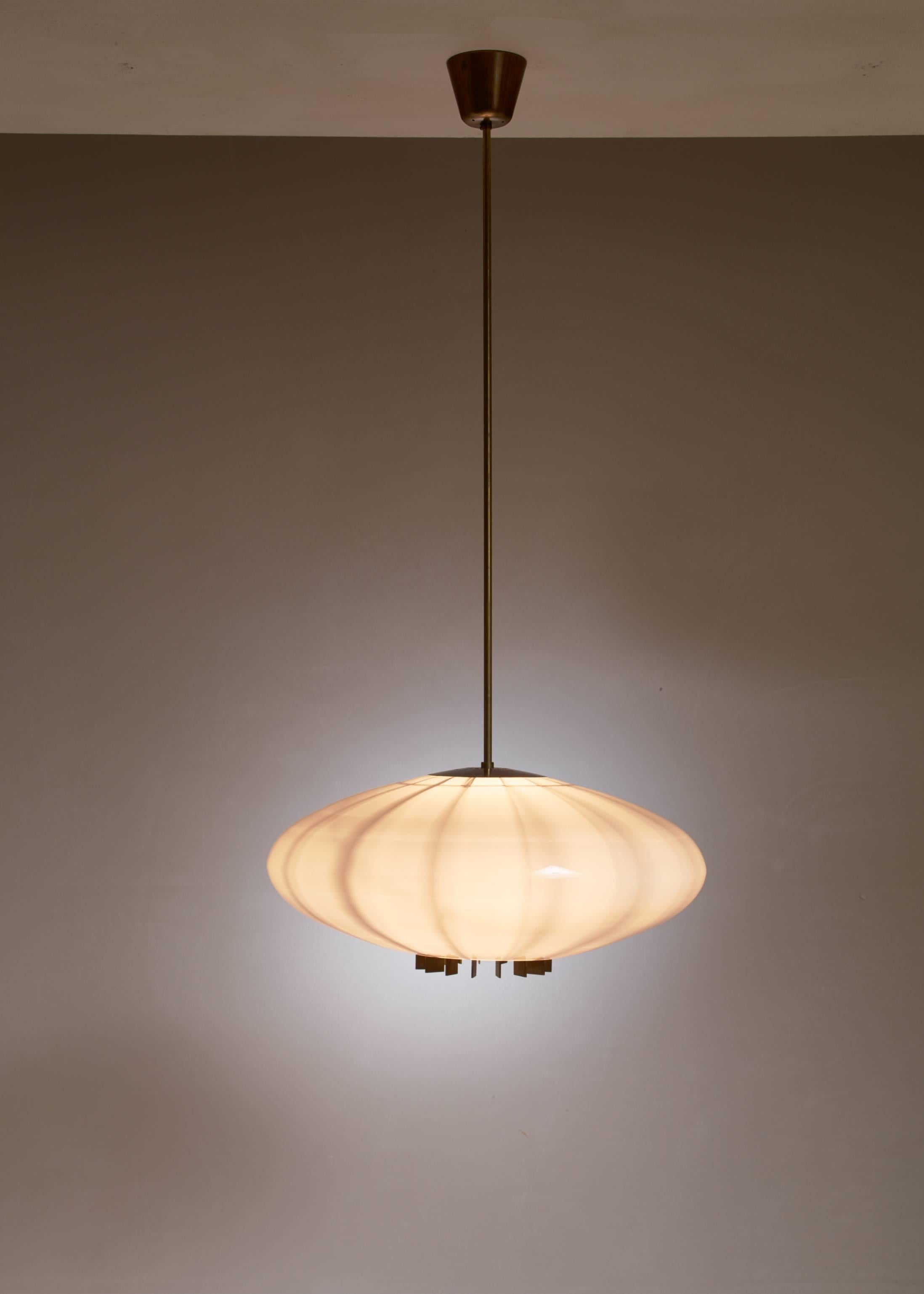 Scandinavian Modern One of Two Large Opaline Glass and Brass Pendants, Sweden, 1940s For Sale