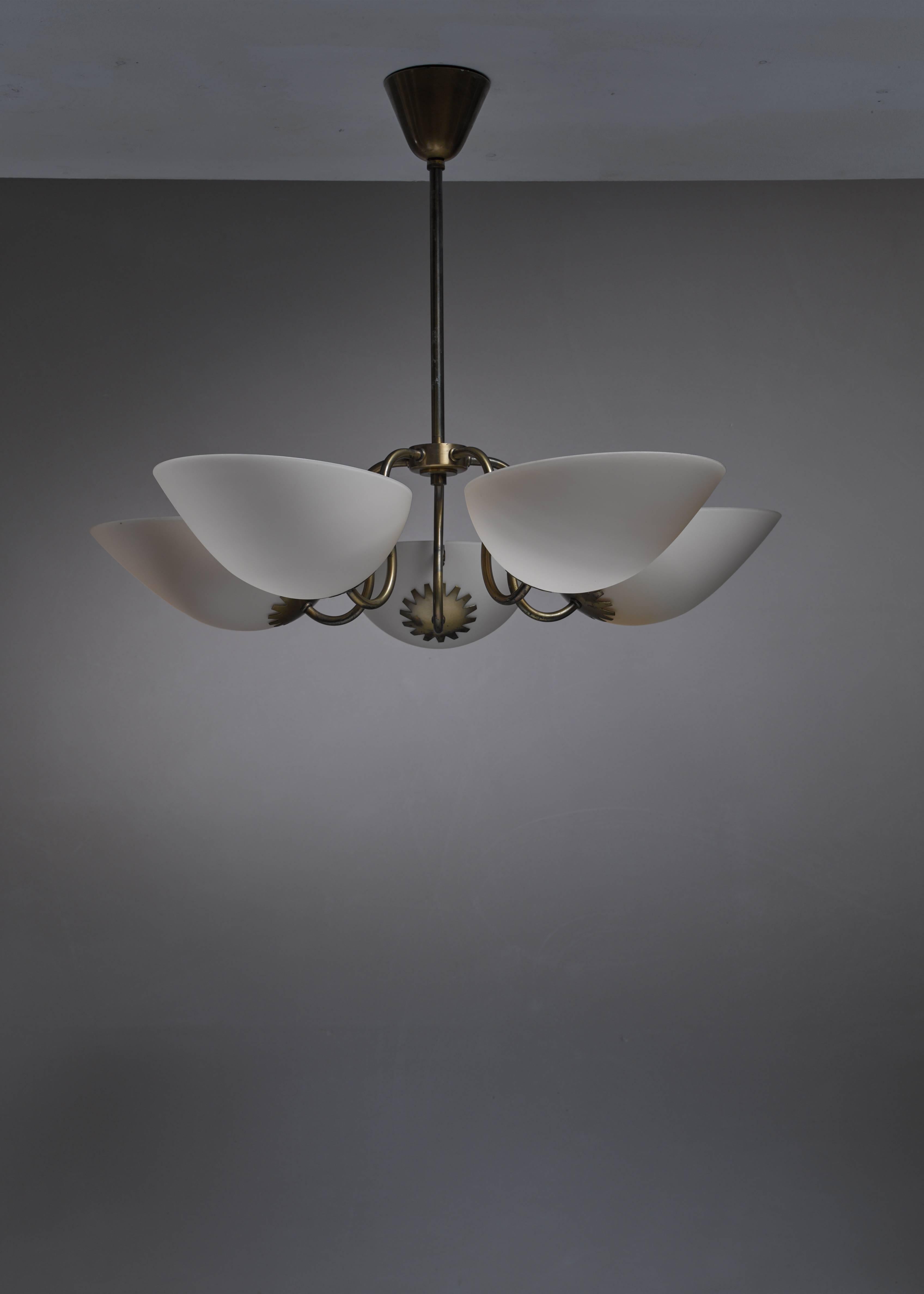 Scandinavian Modern Swedish Brass Chandelier with Five Opaline Glass Shades, 1940s