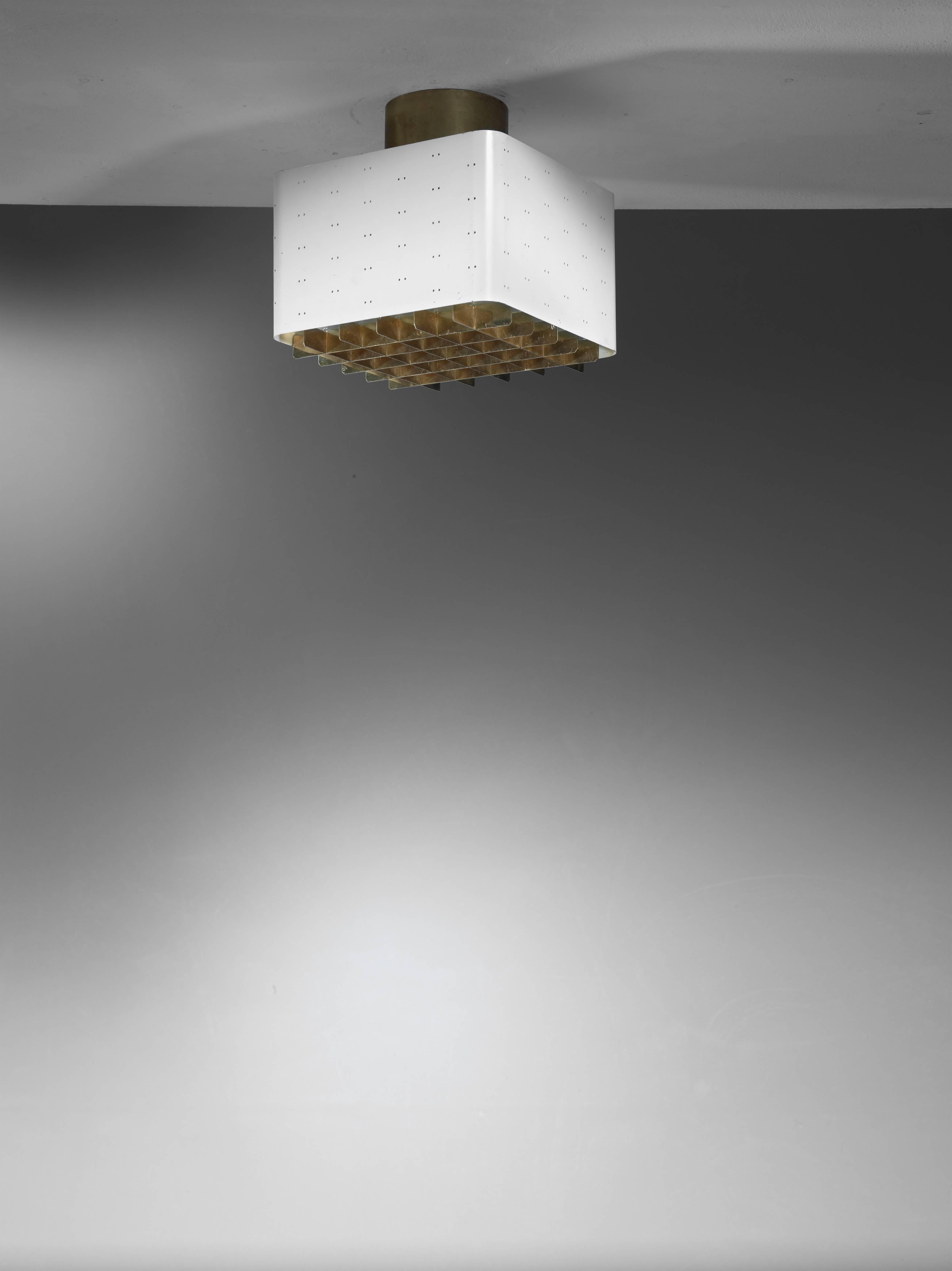 Scandinavian Modern Pair Paavo Tynell White Metal and Brass 9068 Ceiling Lamp for Idman, Finland