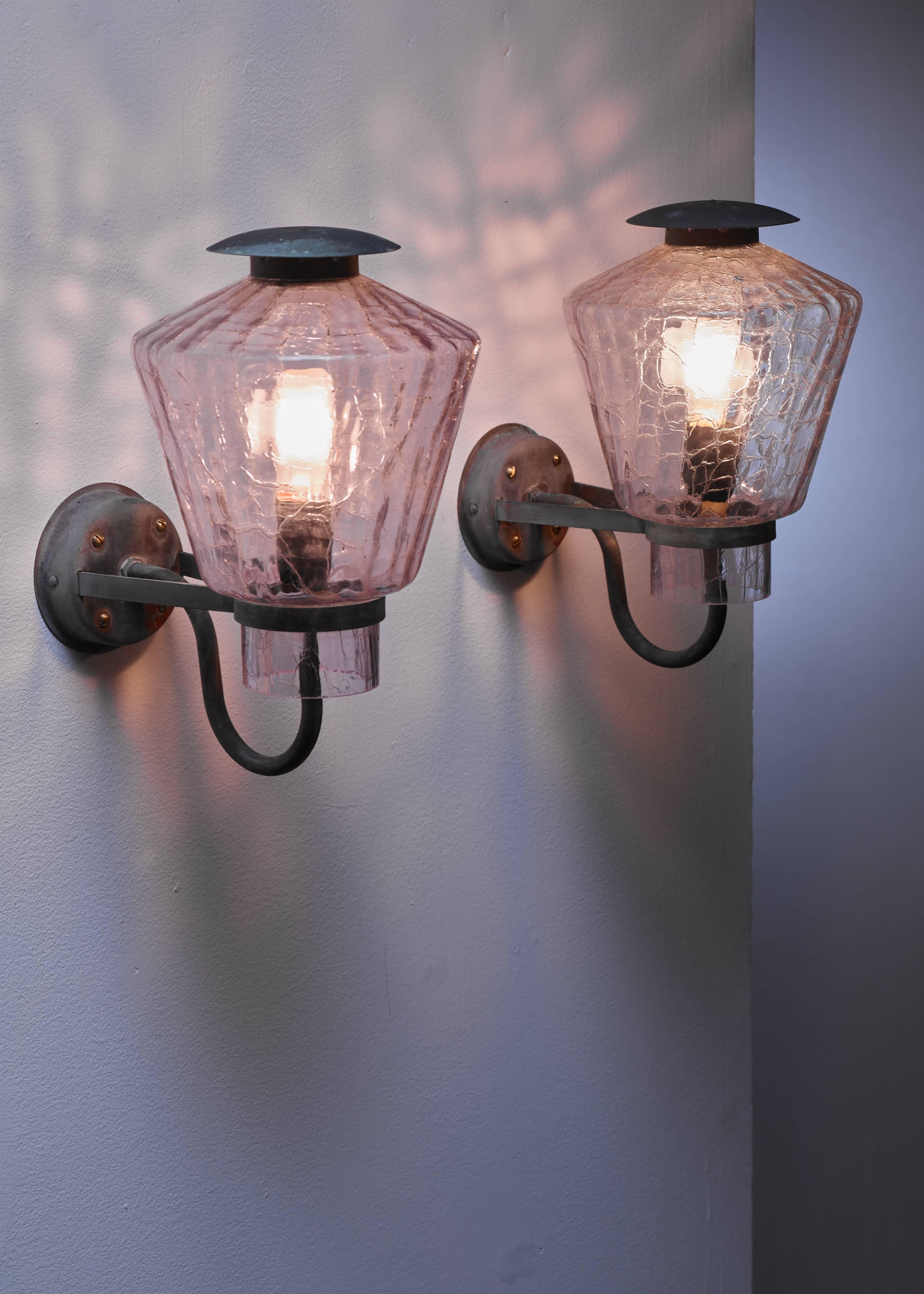 Scandinavian Modern Pair of Copper and Patterned Glass Wall Lamps, Sweden, 1930s