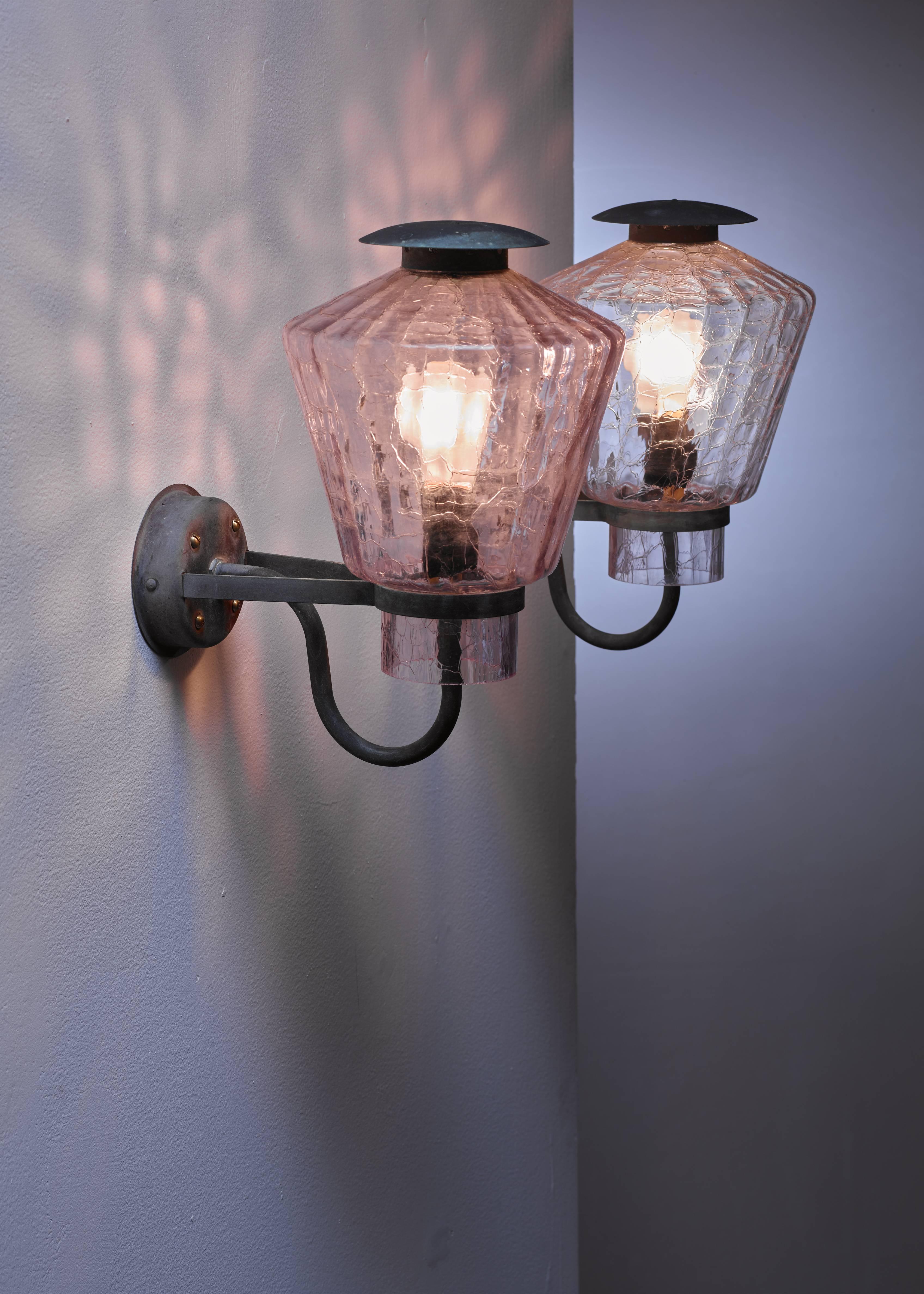 Swedish Pair of Copper and Patterned Glass Wall Lamps, Sweden, 1930s