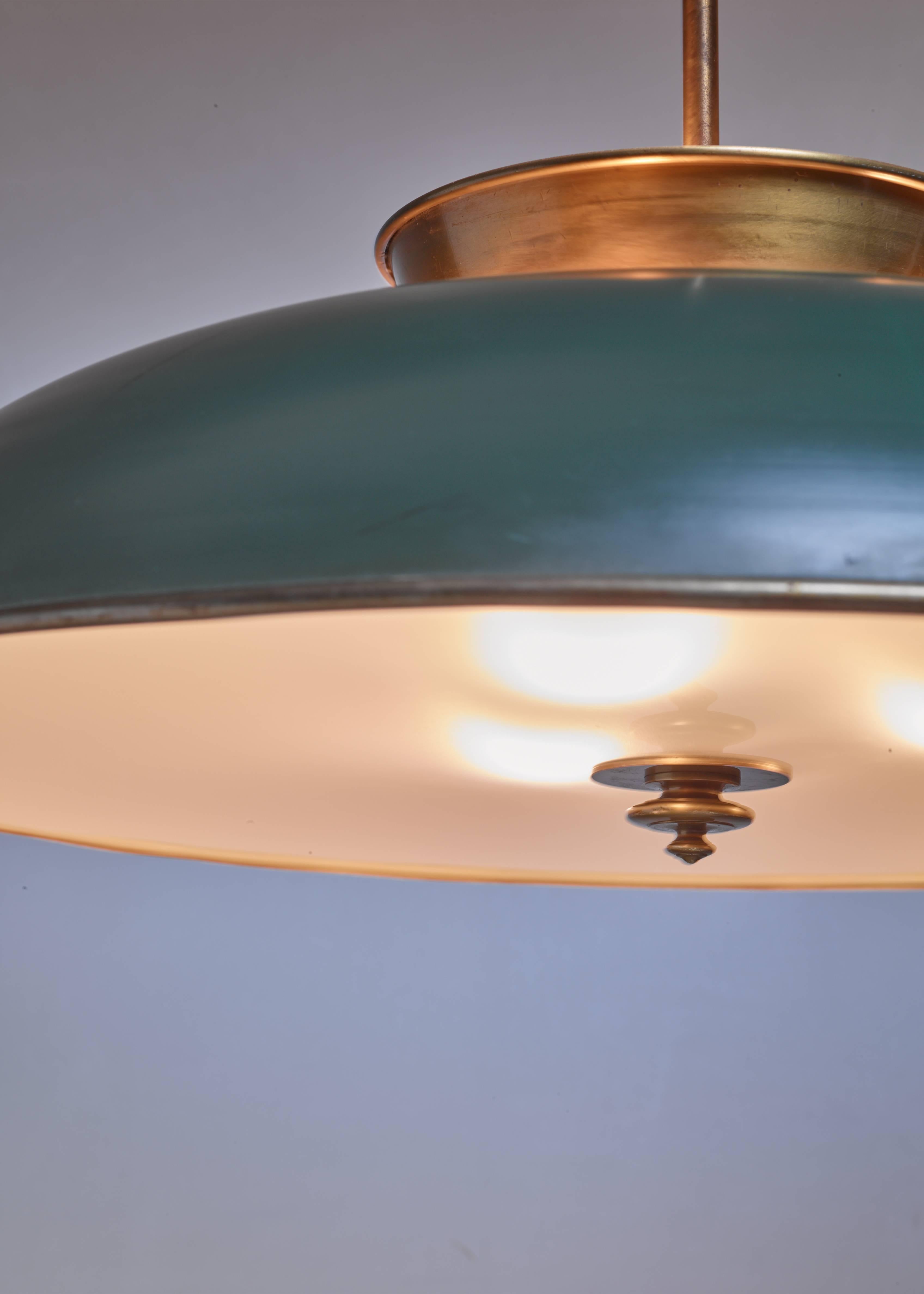 Frosted Large Swedish Brass Pendant Lamp by Harald Notini, 1930s For Sale