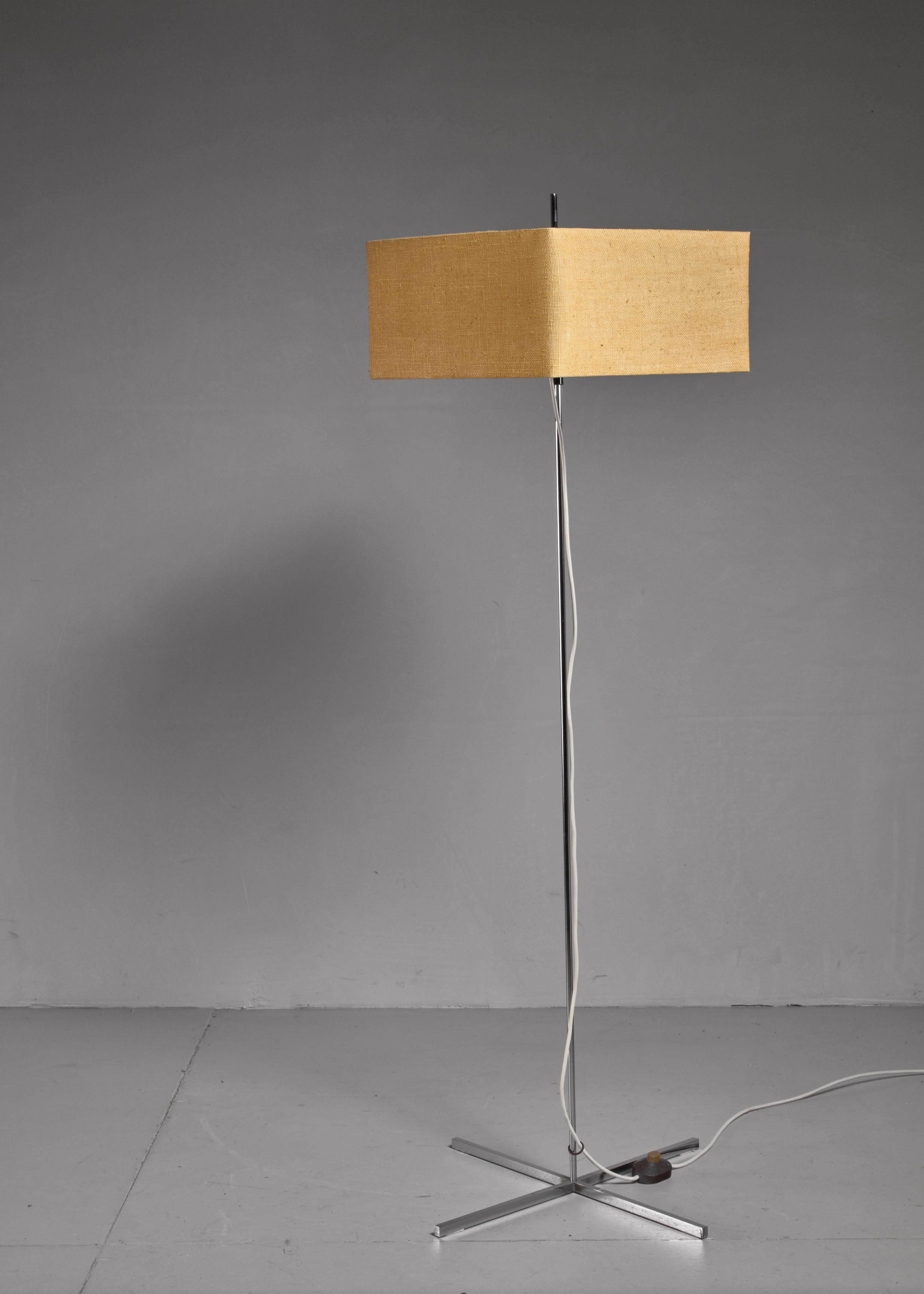 Danish Chrome Floor Lamp with an Adjustable Square Fabric Shade, Denmark, 1950s For Sale