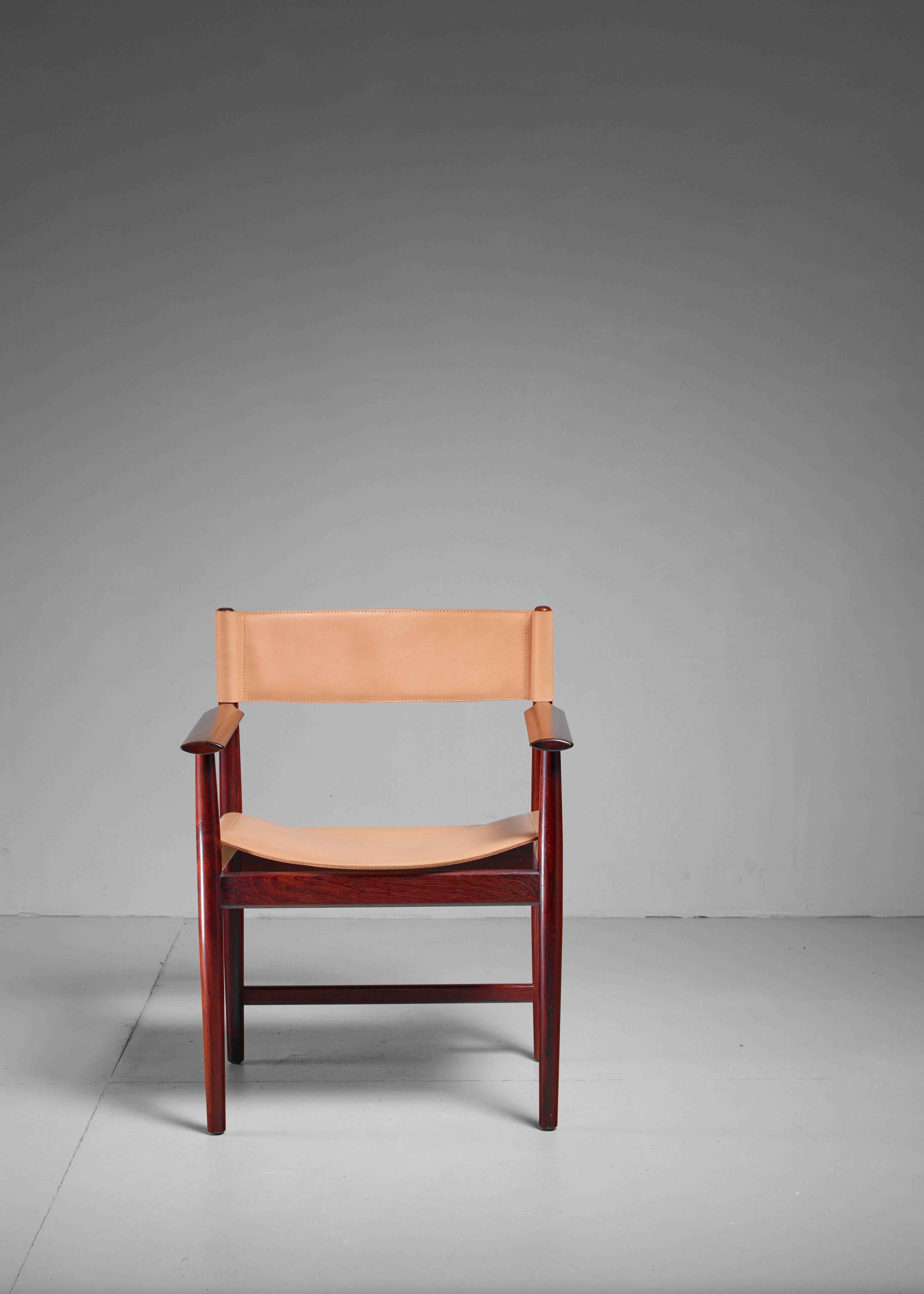 Scandinavian Modern Kurt Ostervig Wood and Leather Armchair for Sibast, Denmark, 1960s For Sale