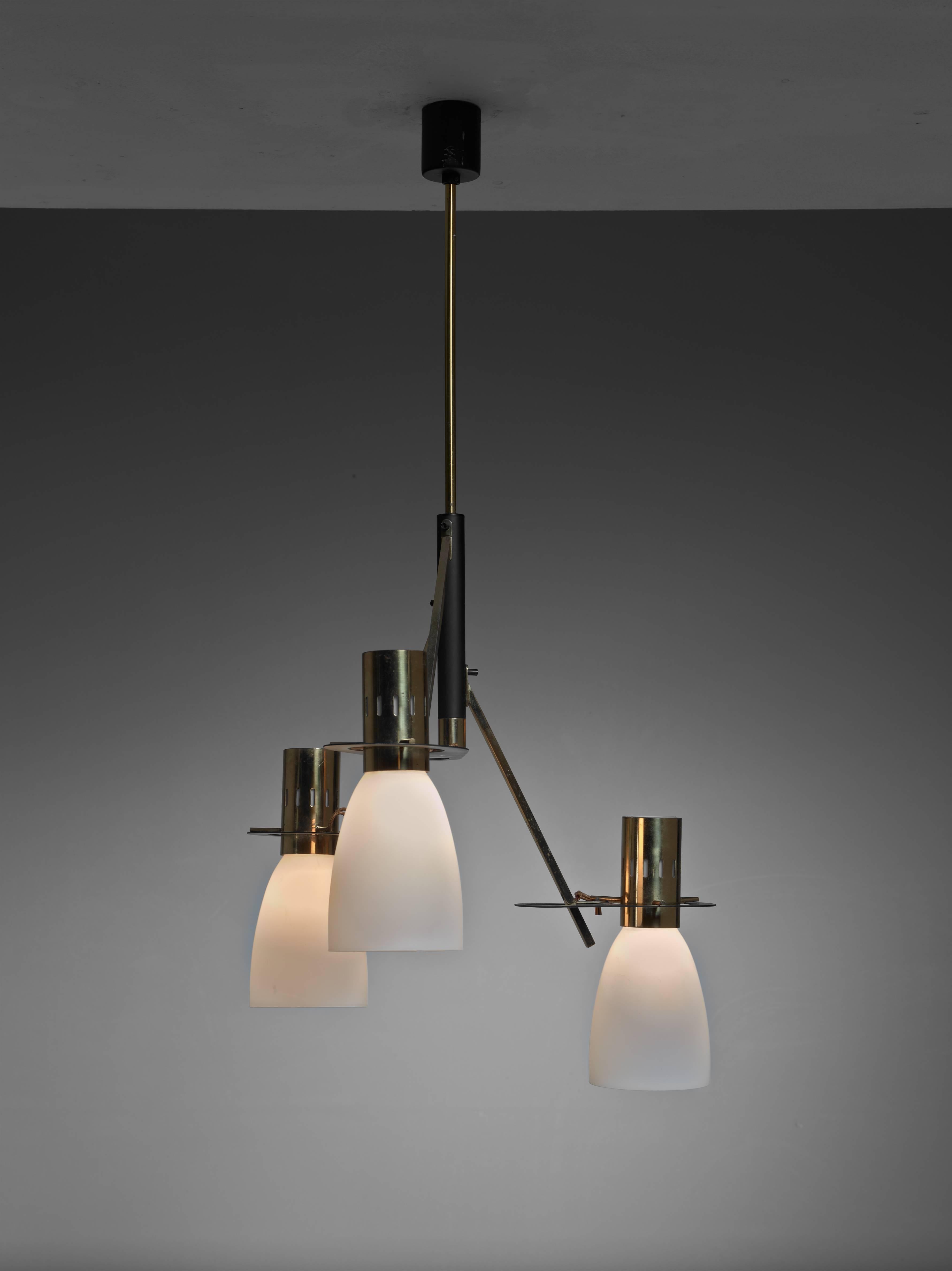 Mid-Century Modern Reversible Stilnovo Three-Armed Brass and Glass Chandelier, Italy, 1950s For Sale