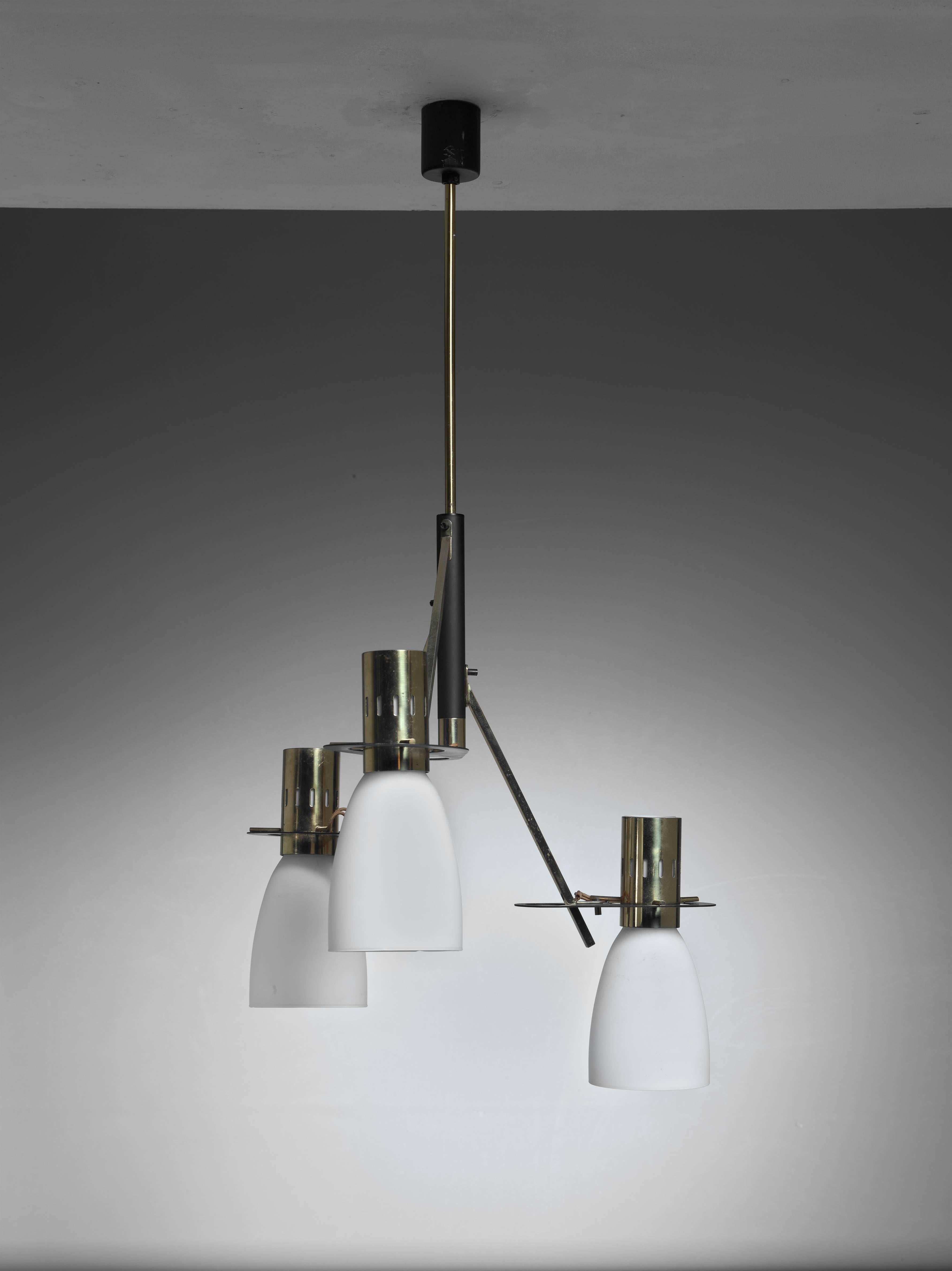 Italian Reversible Stilnovo Three-Armed Brass and Glass Chandelier, Italy, 1950s For Sale